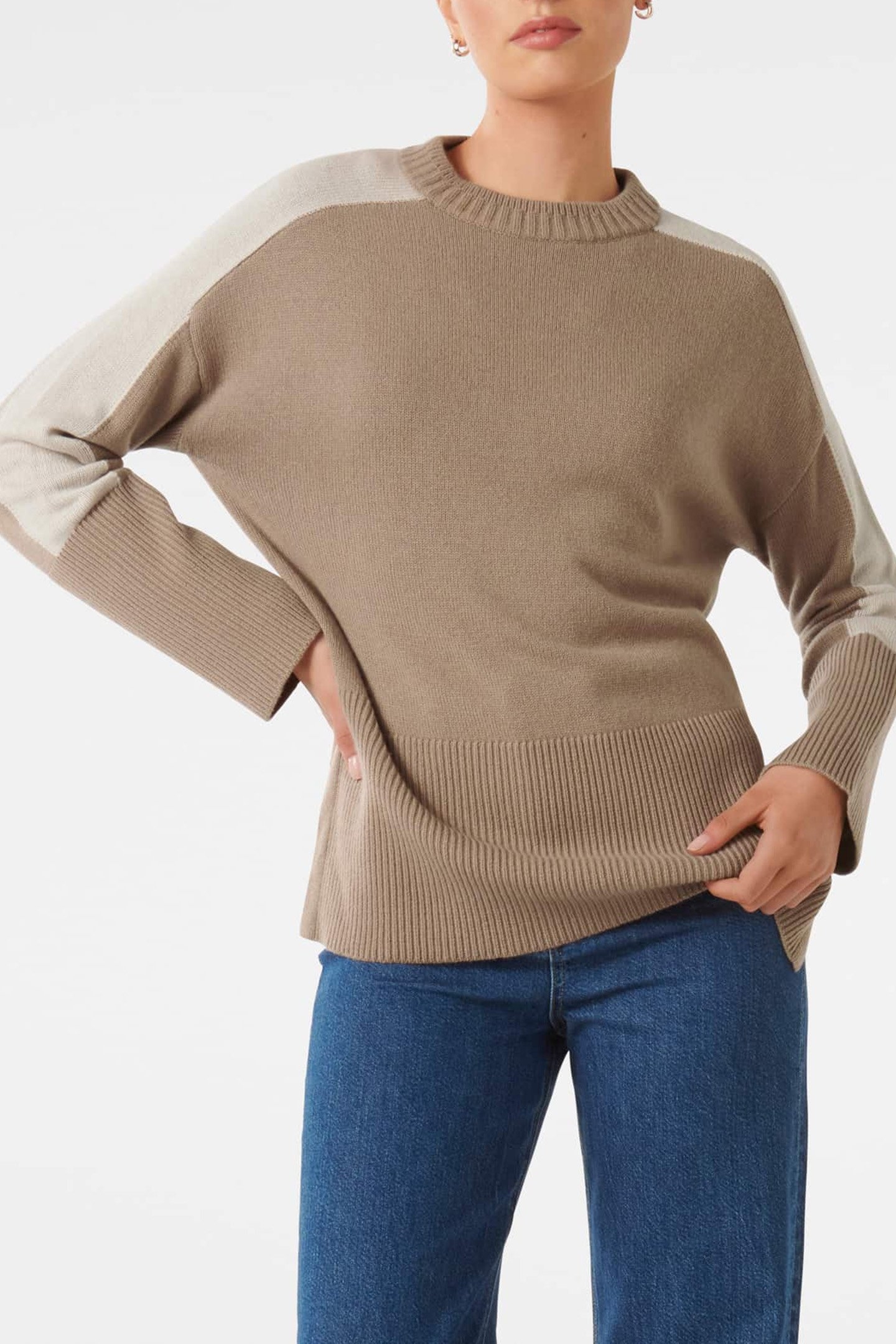 BIANCA RELAXED LONGLINE CREW NECK JUMPER MUSHROOM/ STONE COL 1