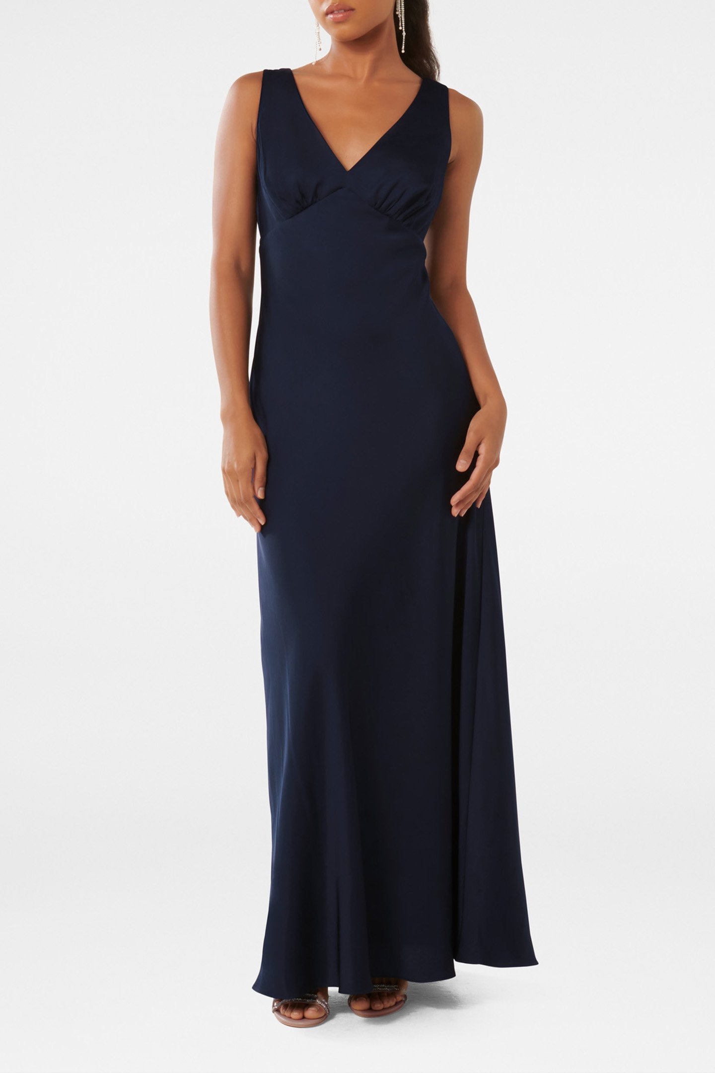 CAMERON PETITE V NECK SATIN MAXI DRESS NAVY 1