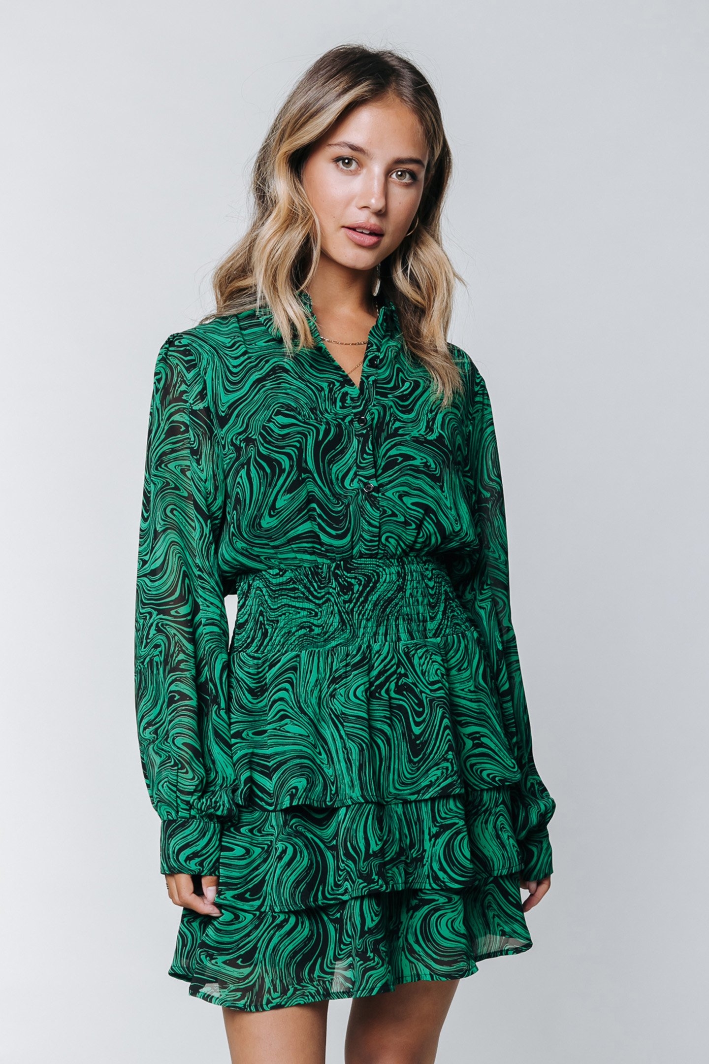 SACHA LIQUID PAINT MINI RUFFLE DRESS GREEN 1