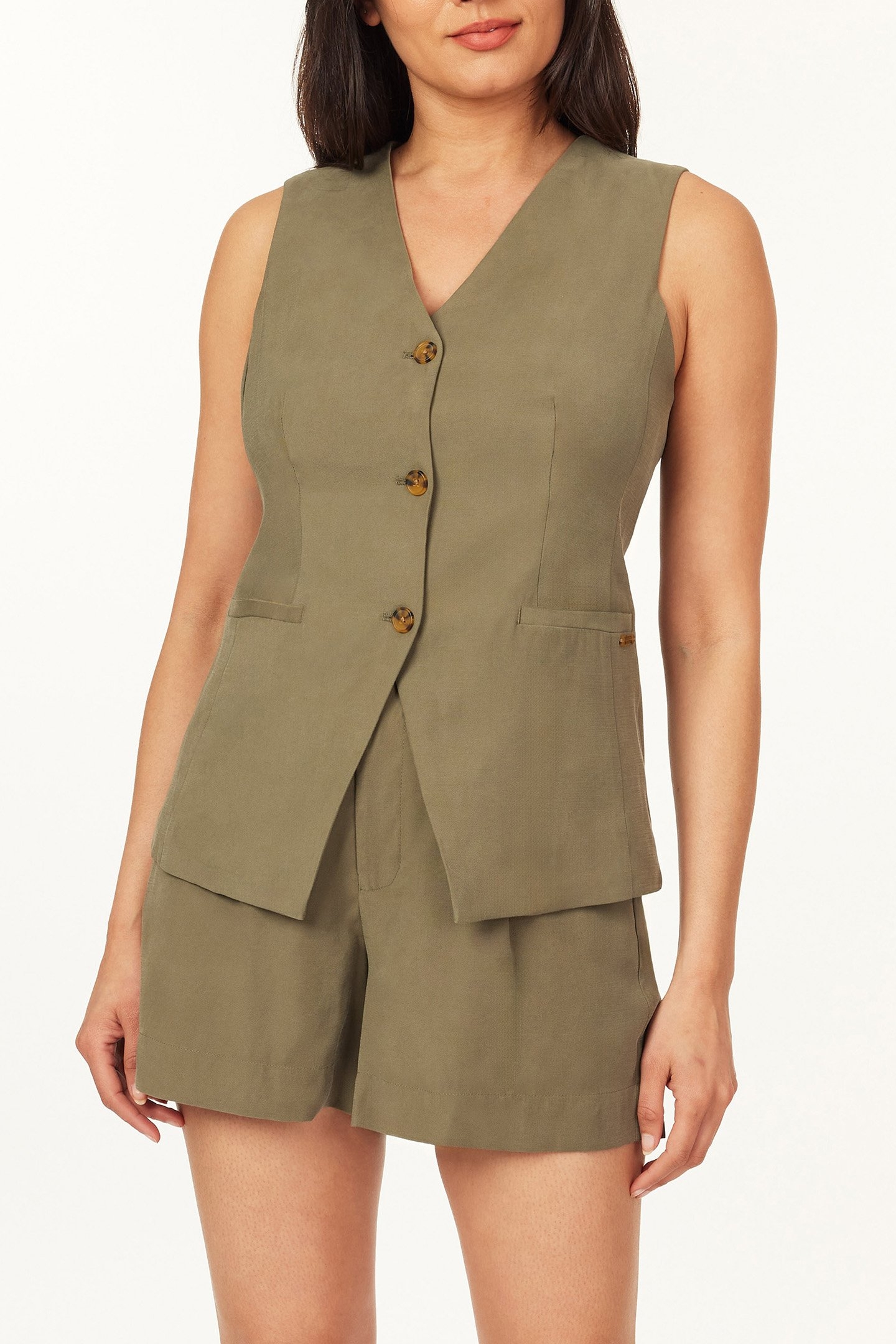 SLEEVELESS WOVEN TOP DUSKY OLIVE 1