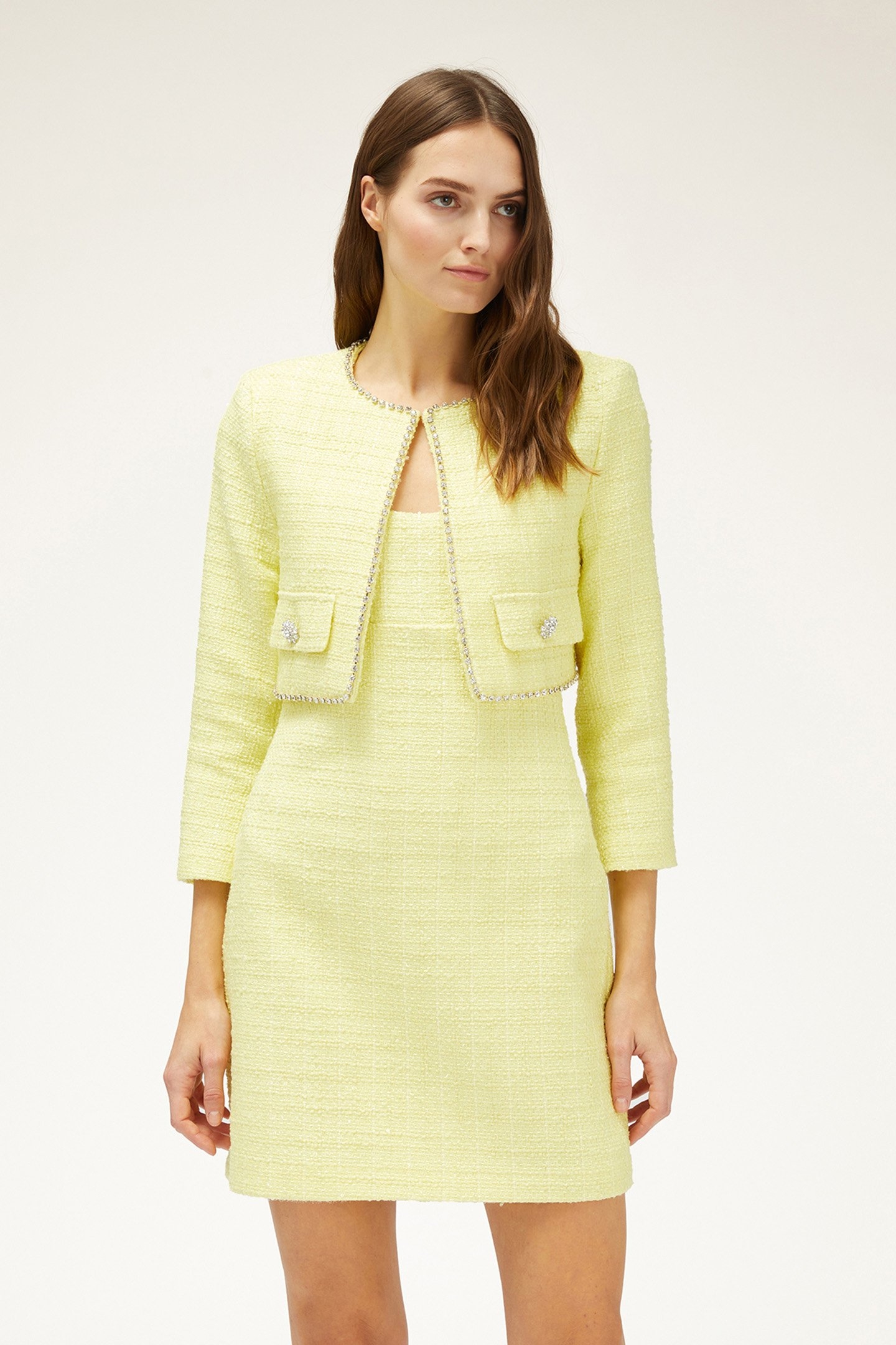 TWEED BOLERO JACKET WITH GEMSTONE EMBROIDERY YELLOW 1