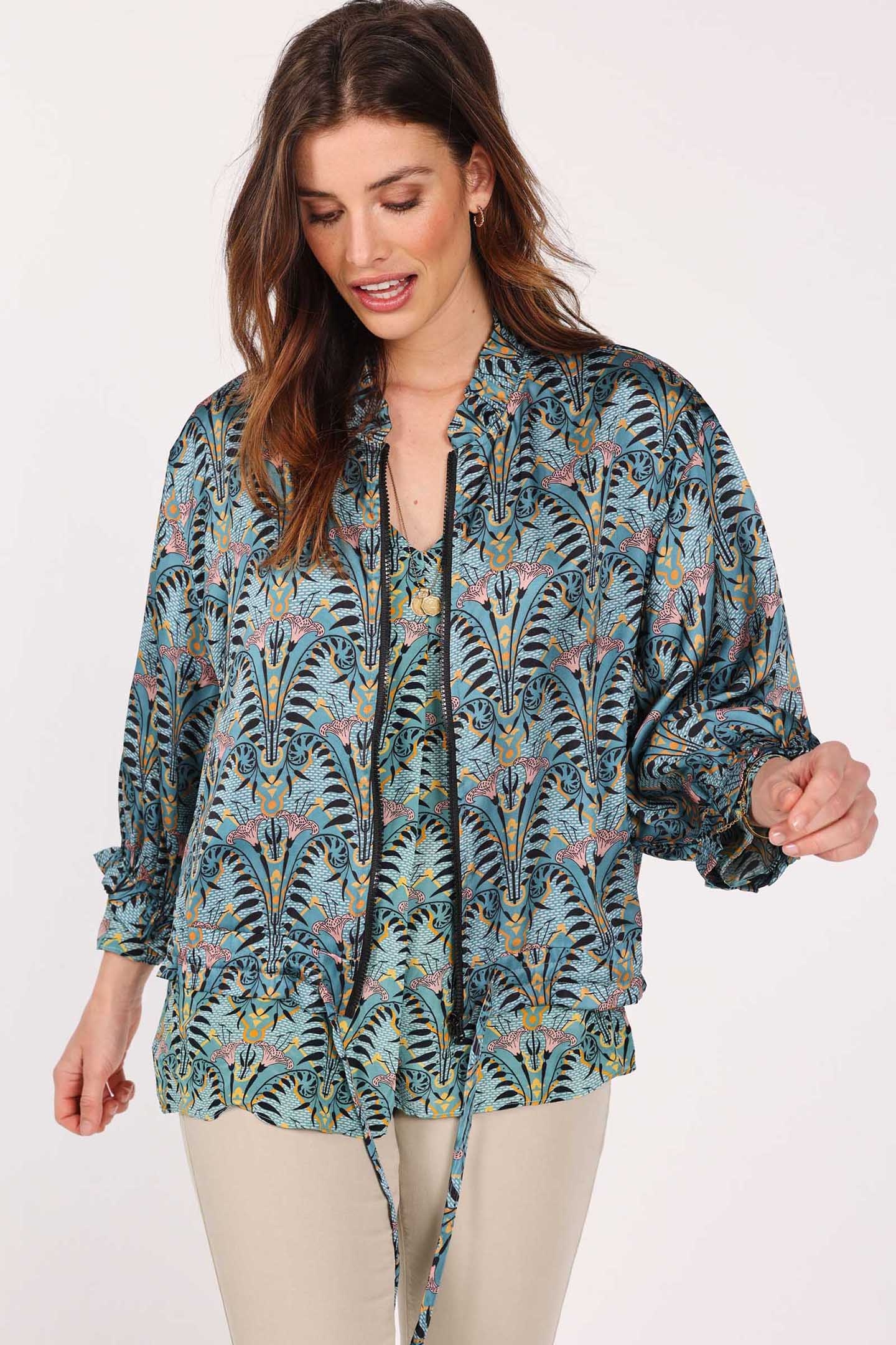 ZIP BLOUSE SEVILLA AQUA SEA WITH FOUNTAIN PRINT 1