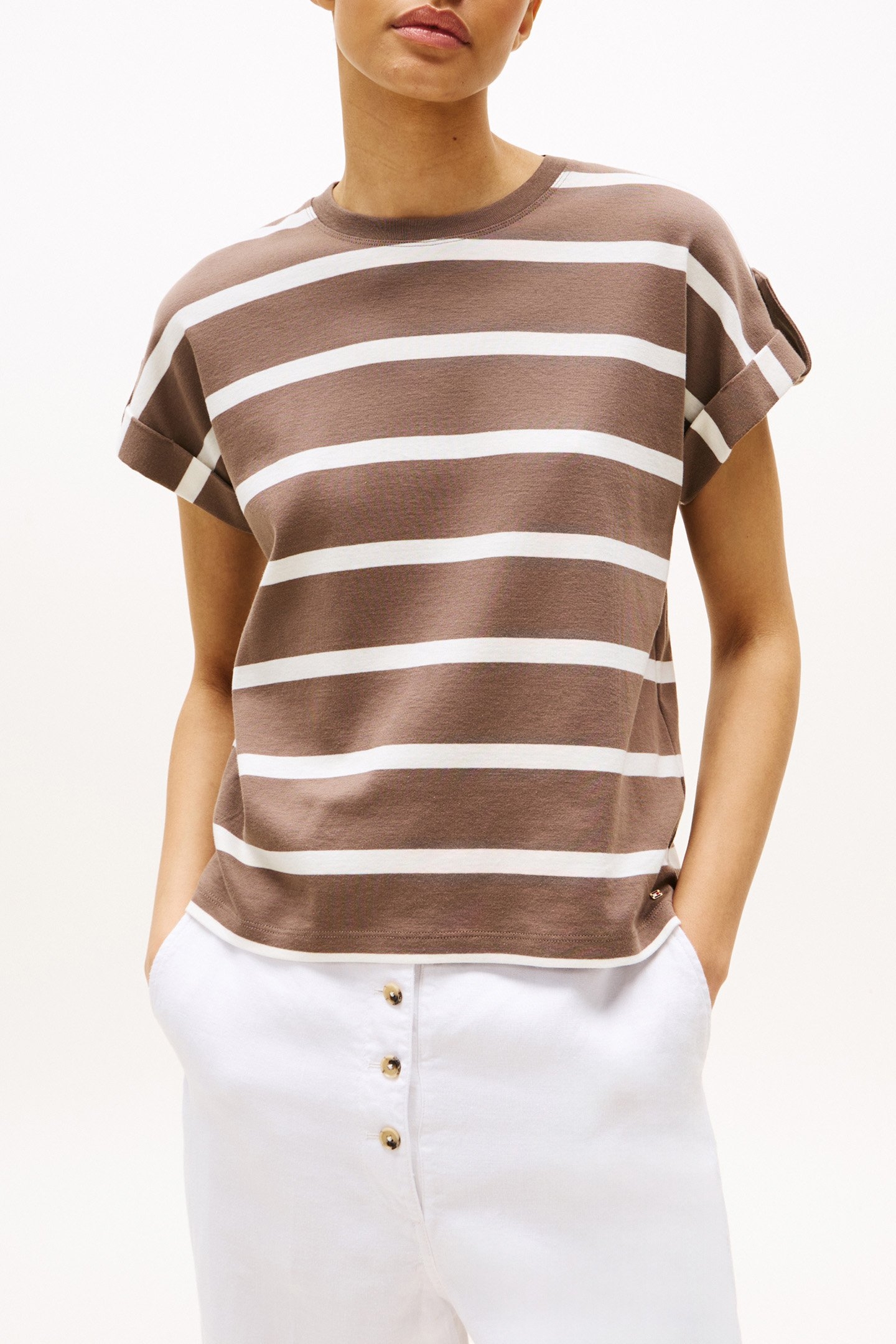 GOLD BUTTON SILK TEE STD FIT HOT COCO/IVORY 1
