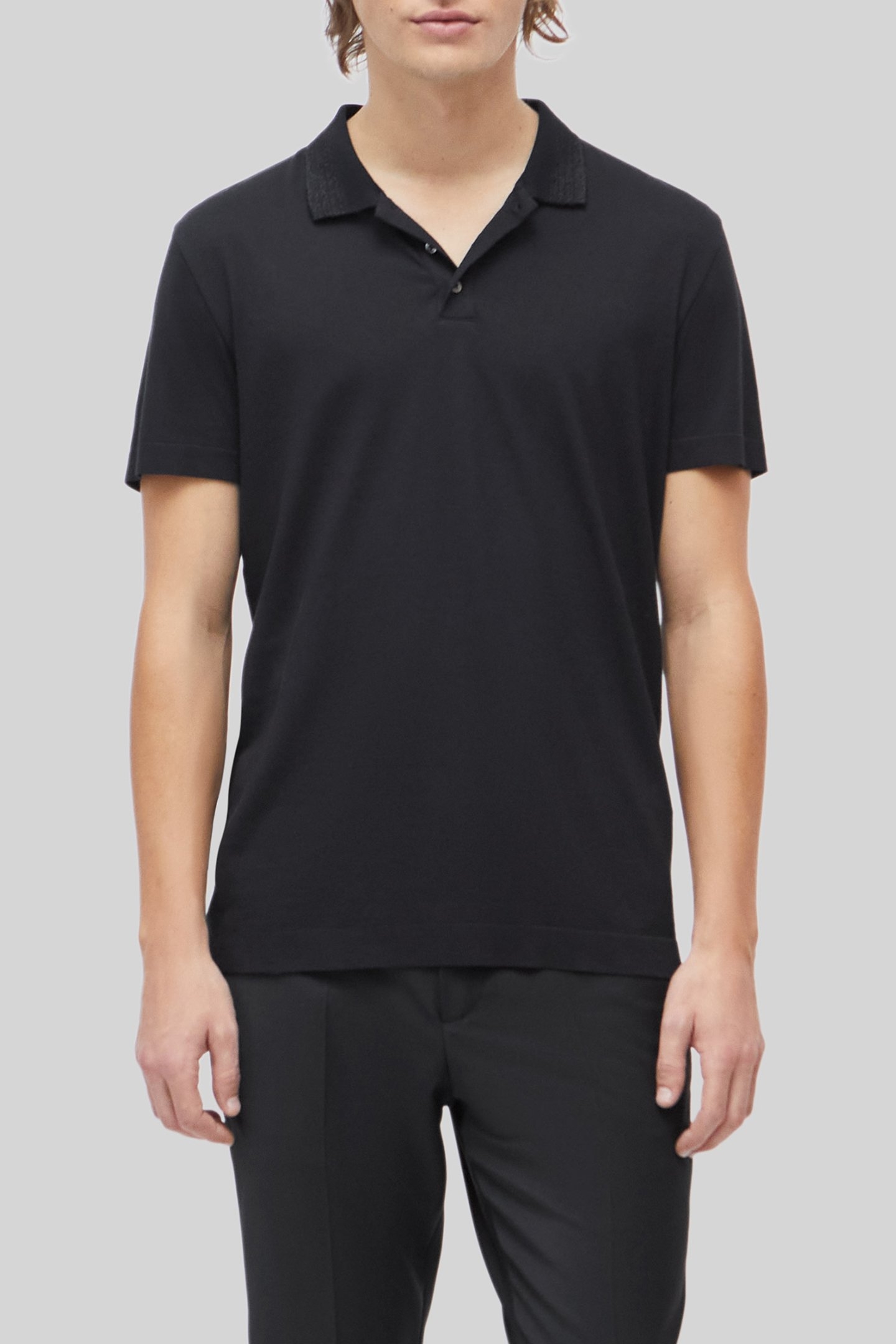 PURE EDITION–BLACK MODAL POLO SHIRT, STRIPED COLLAR 1