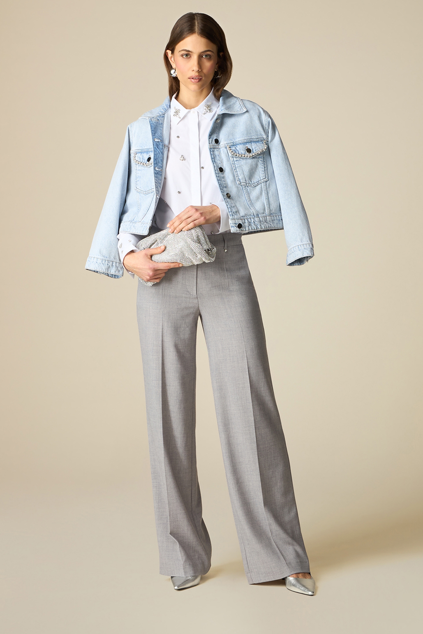 MÉLANGE FABRIC PALAZZO TROUSERS GREY 2