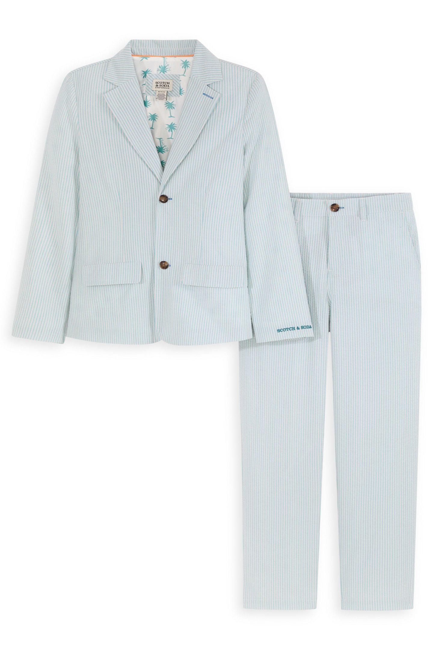 2PC BOYS YD SEERSUCKER JACKET & PANT SUIT SET BLEACHED AQUA 1