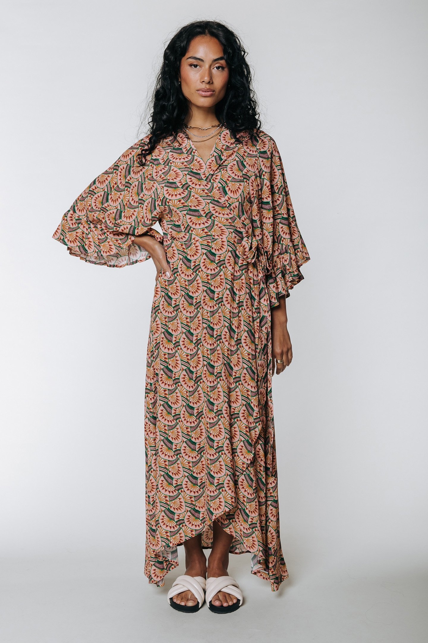 ALICE GRAPHIC FAN MAXI WRAP DRESS VINTAGE PINK 1