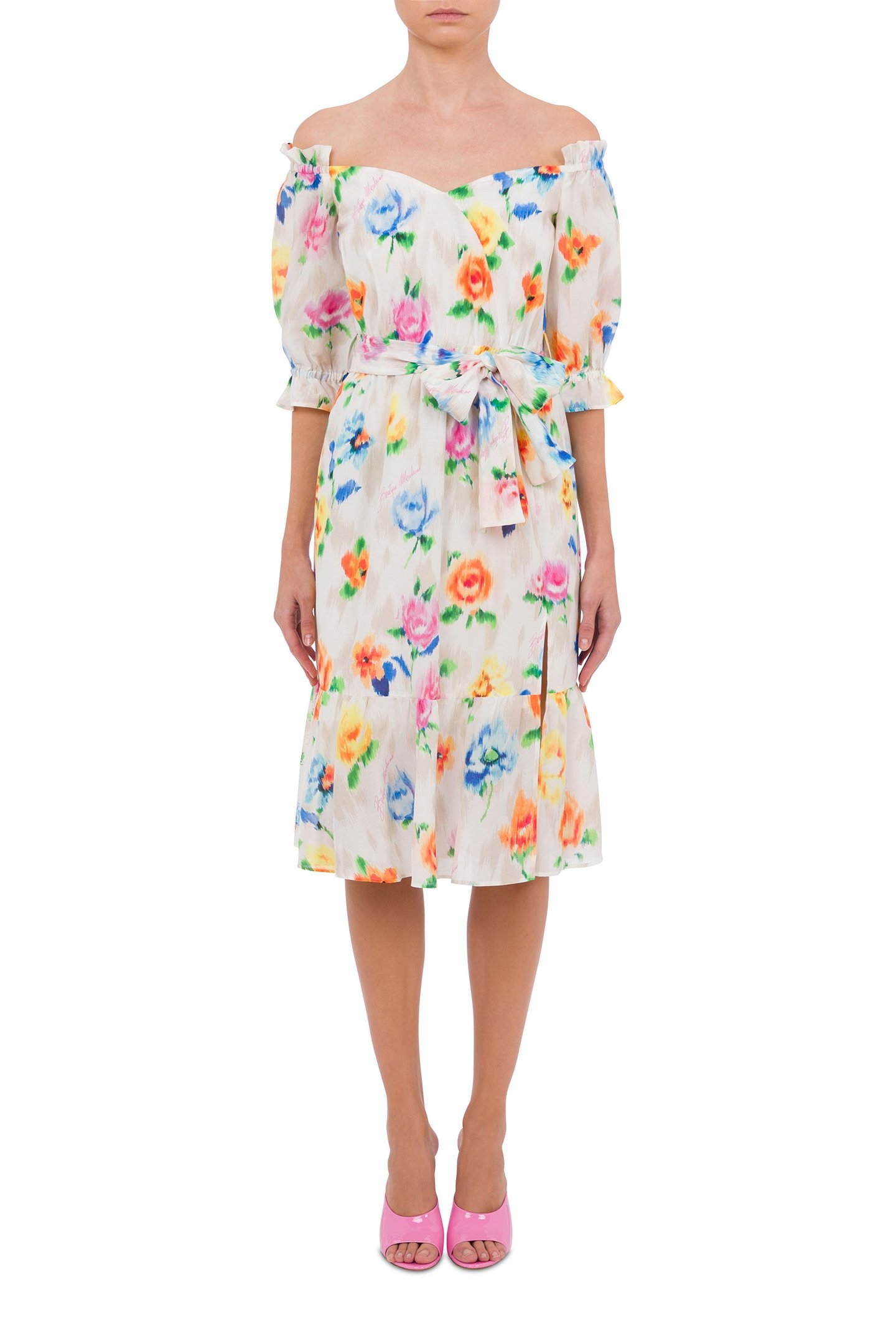 OFF-THE-SHOULDER DRESS IN BRODERIE ANGLAISE FLOWER CHINÉ WHI 1