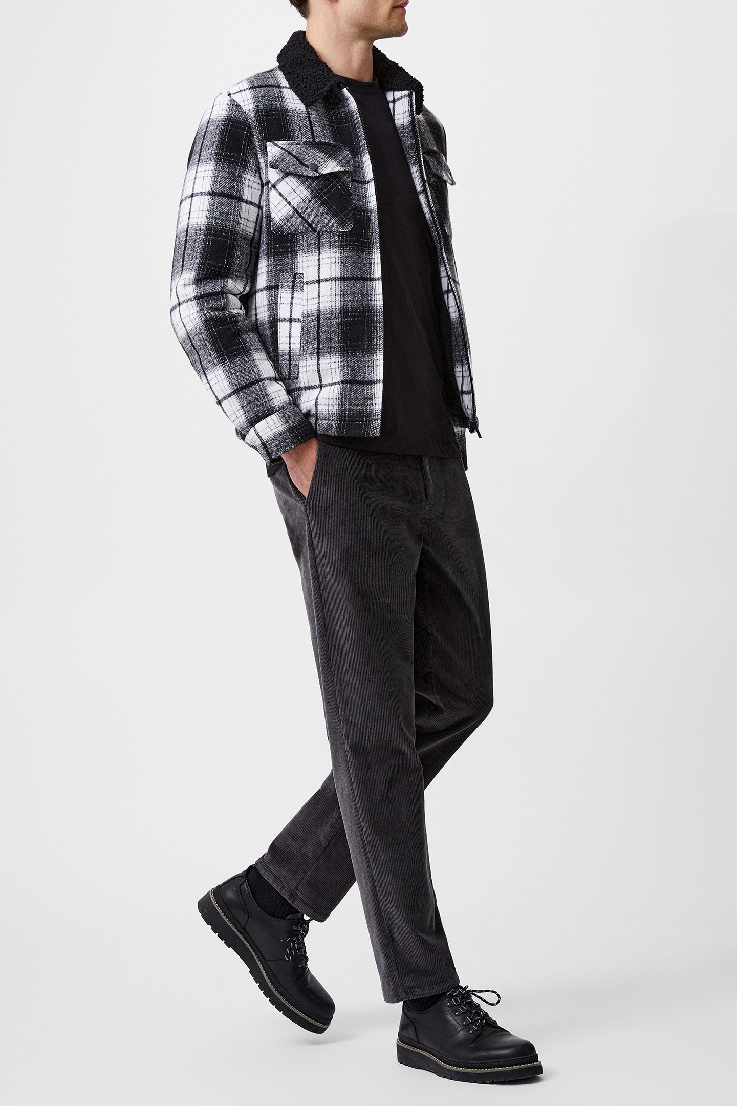 BORG COLLAR CHECKED JACKET BLACK WHITE 4