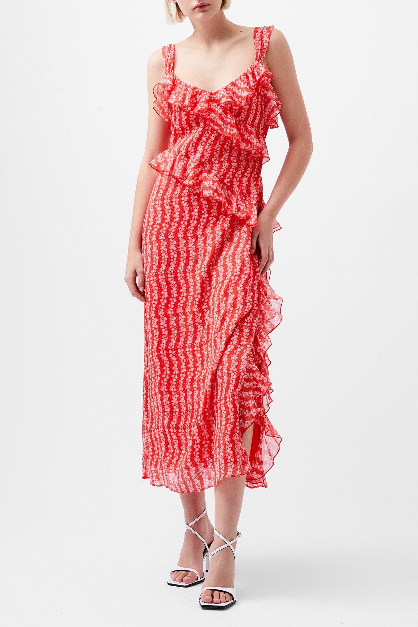FRANCES CRINKLE RUFFLE DRESS CAYENNE RED/WHITE 1