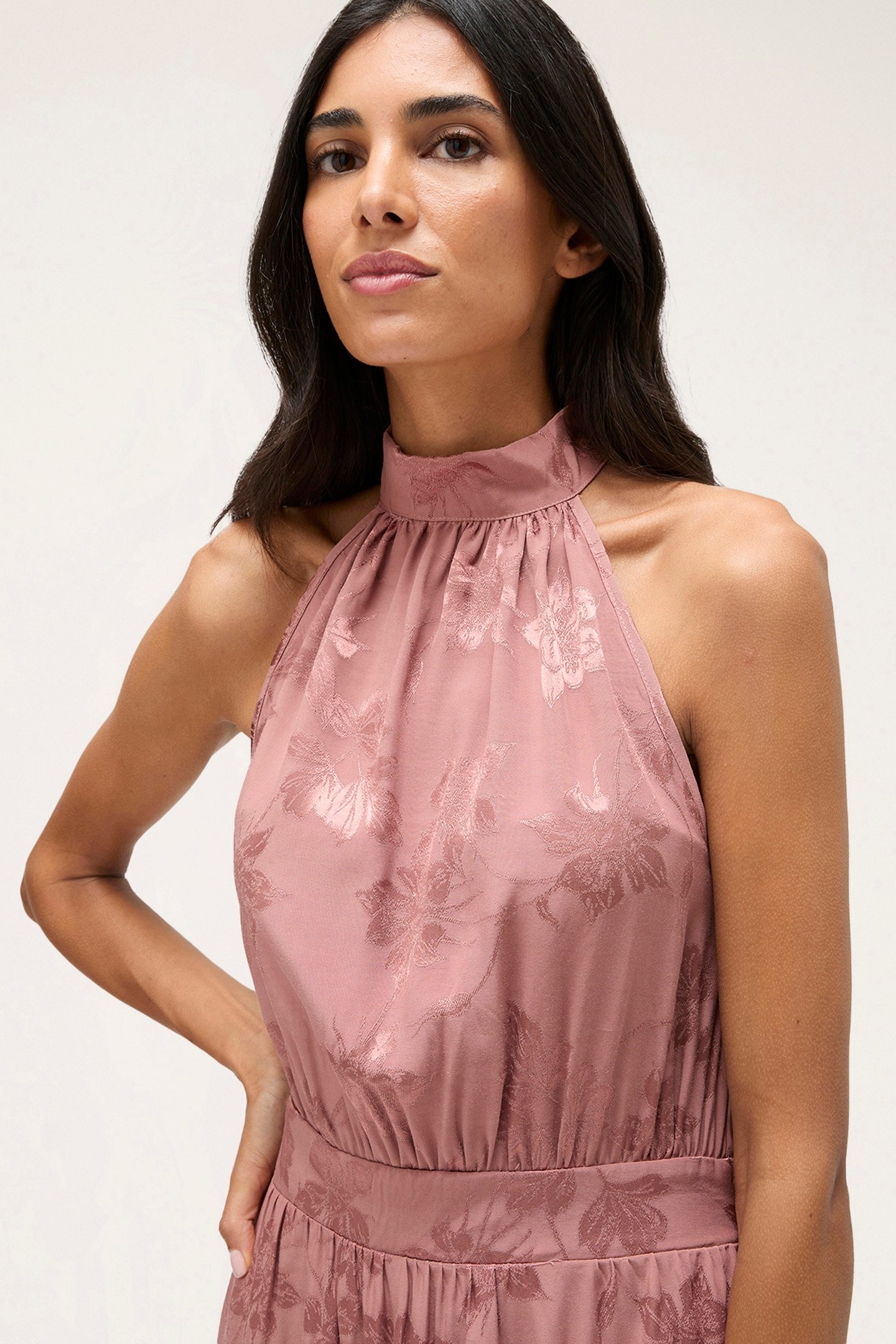 JACQUARD SATIN LONG HALTERNECK DRESS PINK 5