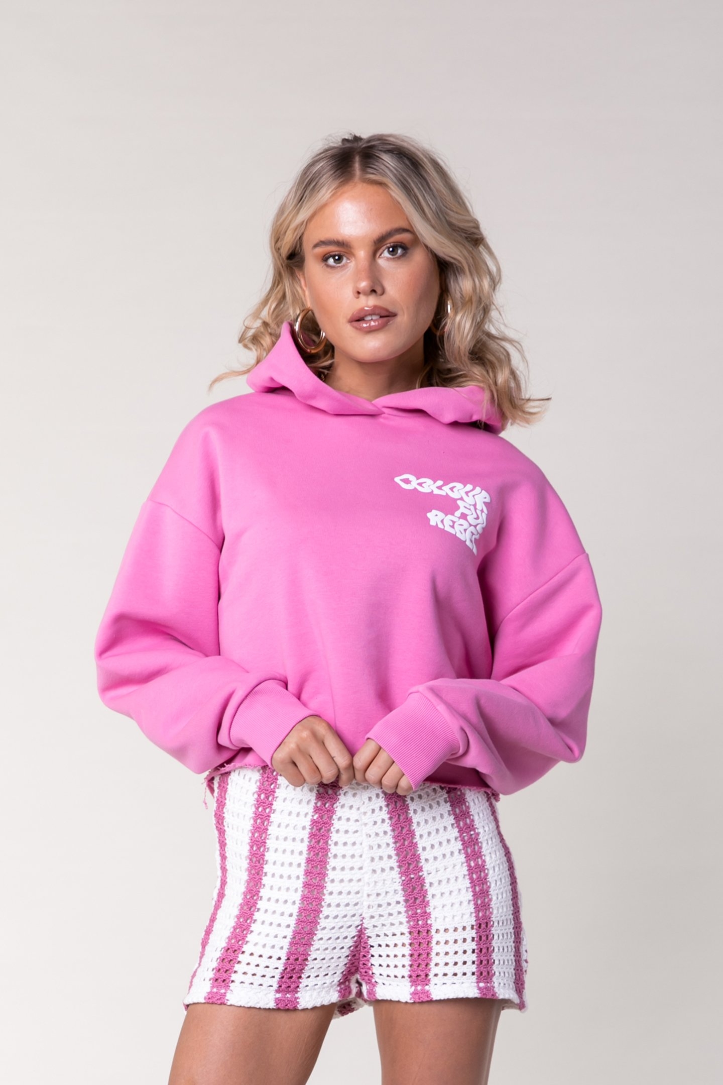 LOGO PUFF CROPPED RAW EDGE HOODIE MEDIUM PINK 1