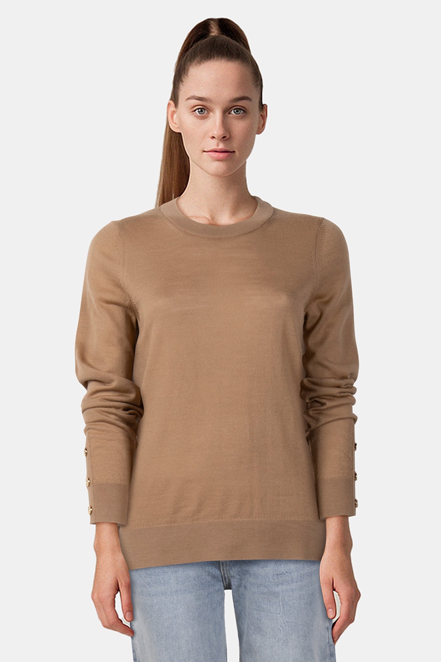 MERINO BUTTON SLV LS SWEATER DARK CAMEL 1