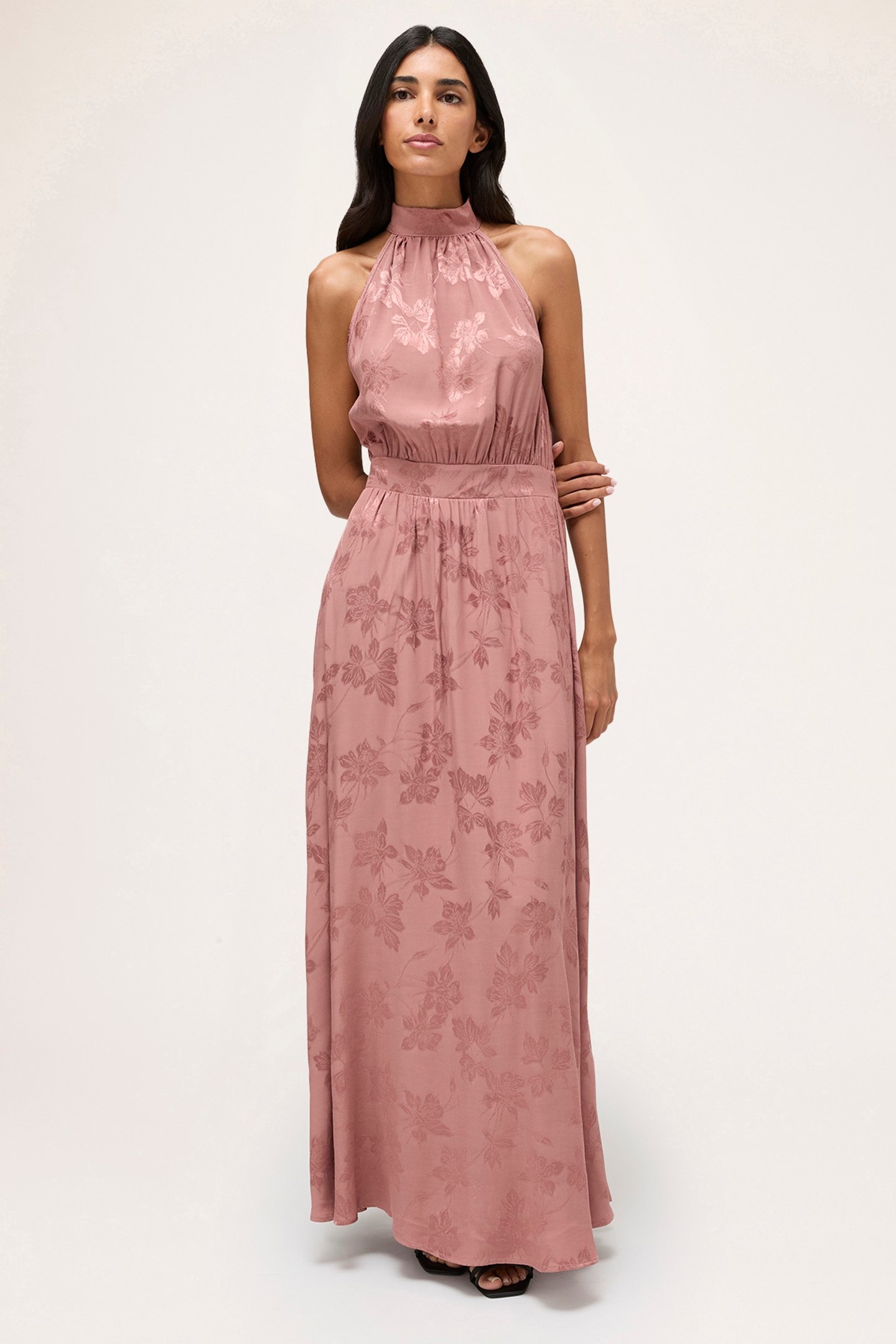 JACQUARD SATIN LONG HALTERNECK DRESS PINK 1