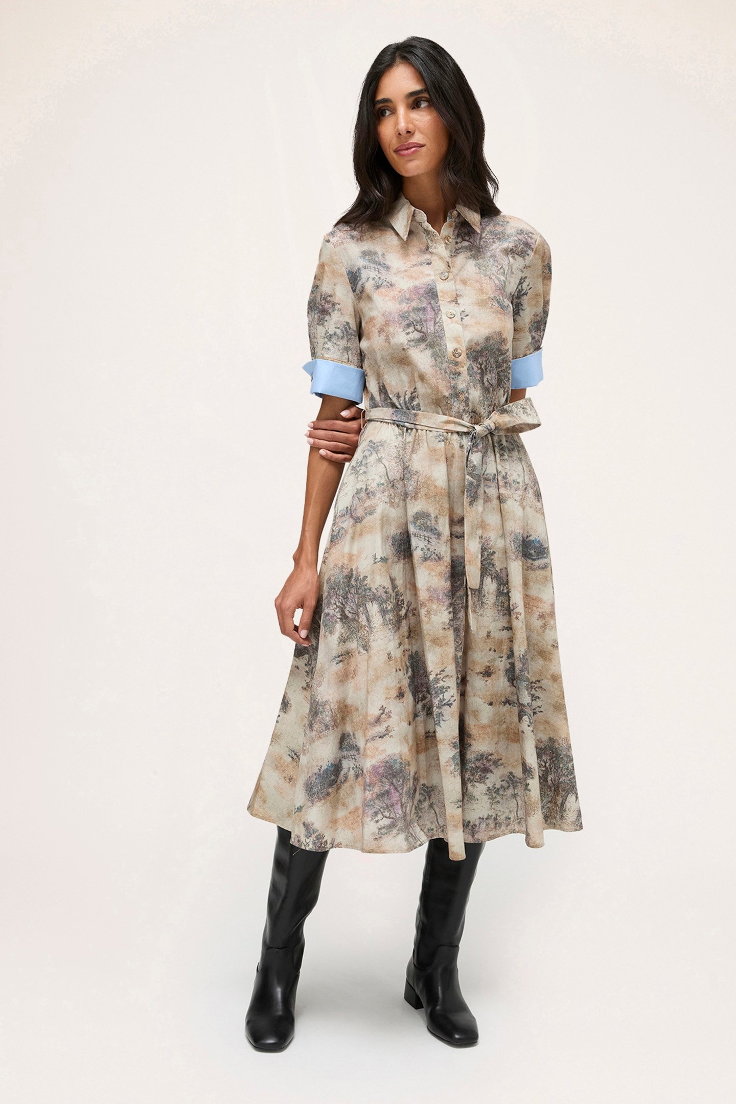 PRINTED COTTON CHEMISIER DRESS BEIGE 1