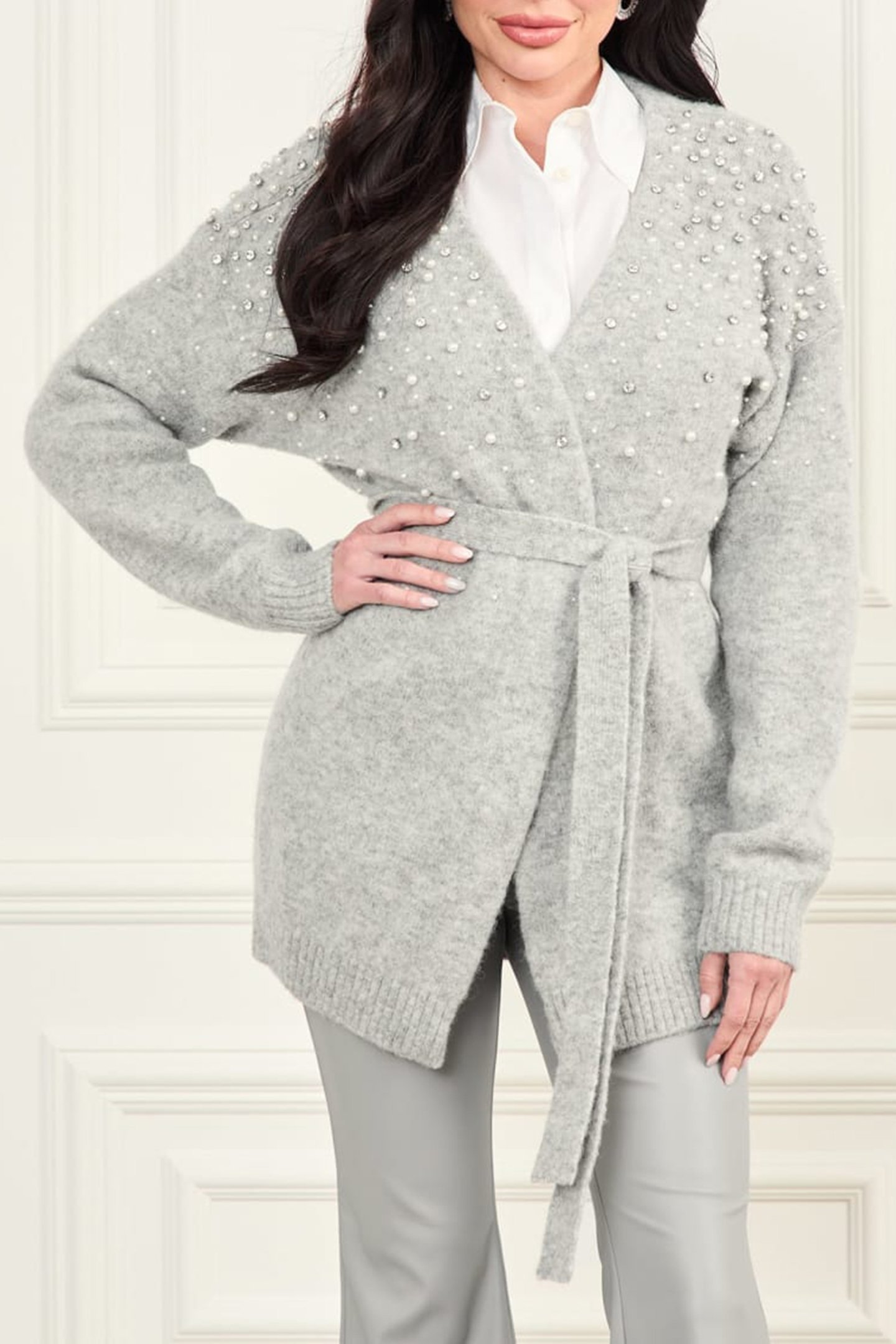 SIBILLA BELTED CARDI LIGHT STONE HEATHER 1