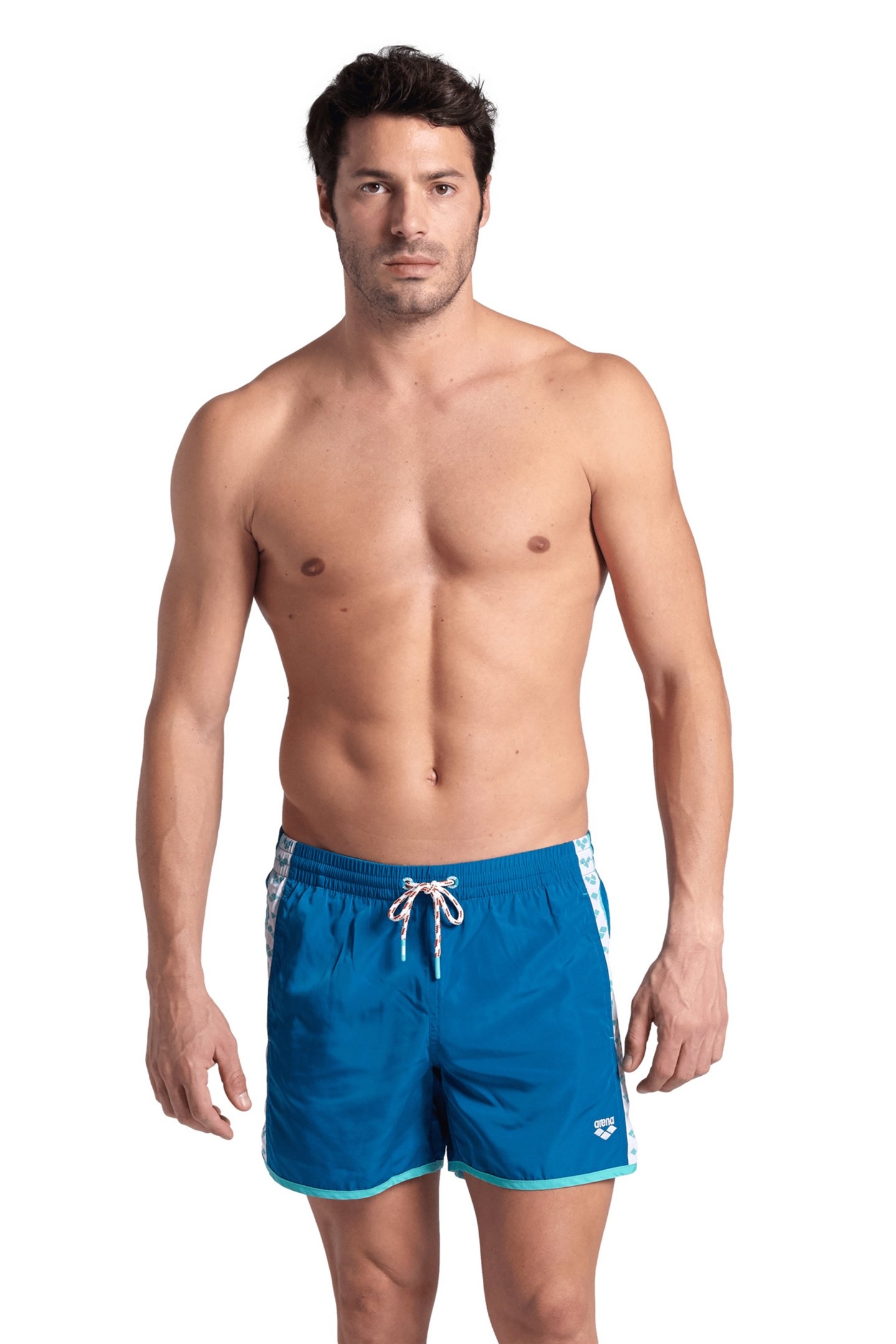 MEN'S ARENA TEAM STRIPE BEACH SHORT BLUE COSMO-WATER-WHITE 1