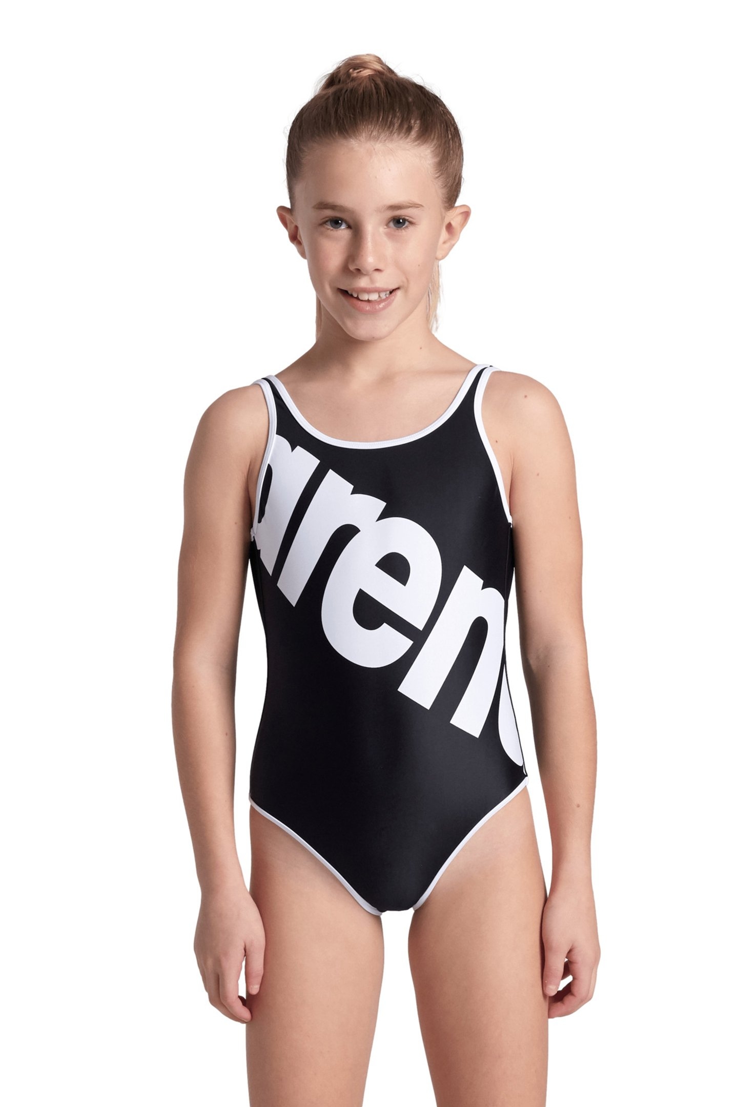 GIRLS' ARENA LOGO SWIMSUIT BLACK-WHITE 1