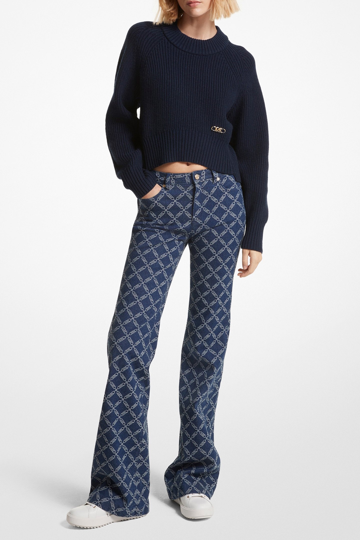 FLARED DENIM JEAN IN ALL OVER LOGO PRINT 1