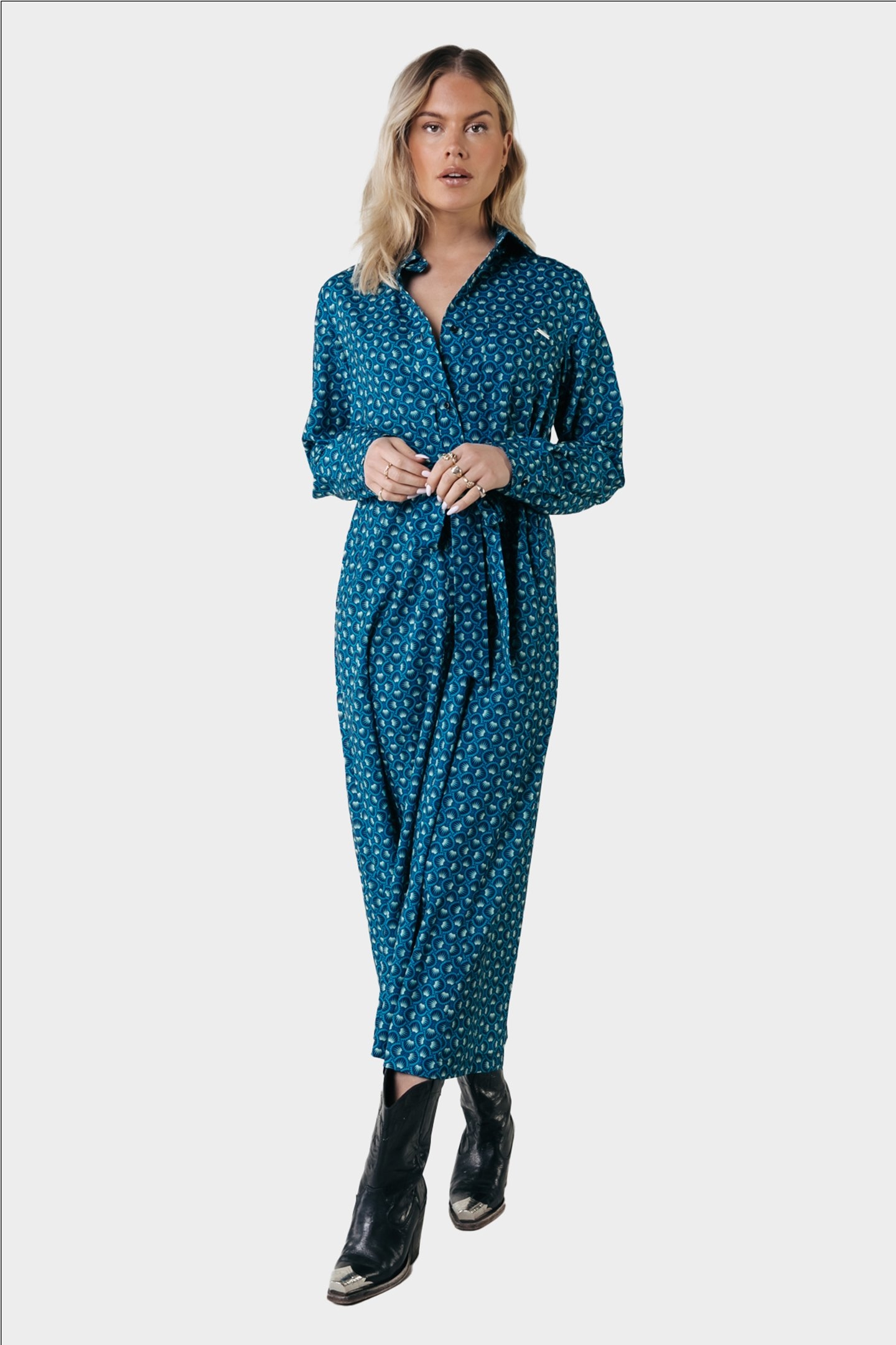 DESIREE GRAPHIC FAN MAXI SHIRT DRESS LS PINE GREEN 1