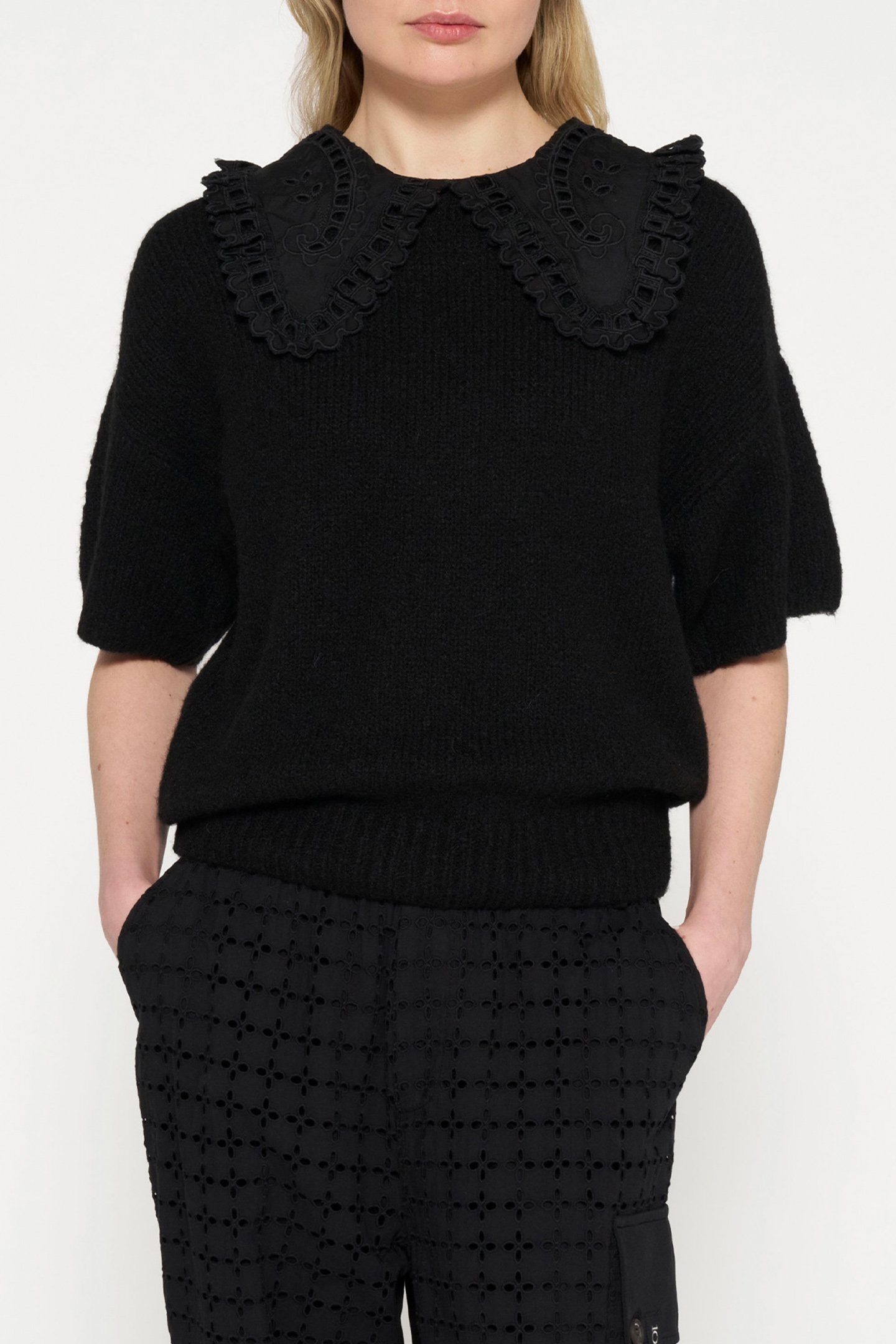 SHORT SLEEVE RUFFLE KNIT SWEATER BLACK 1