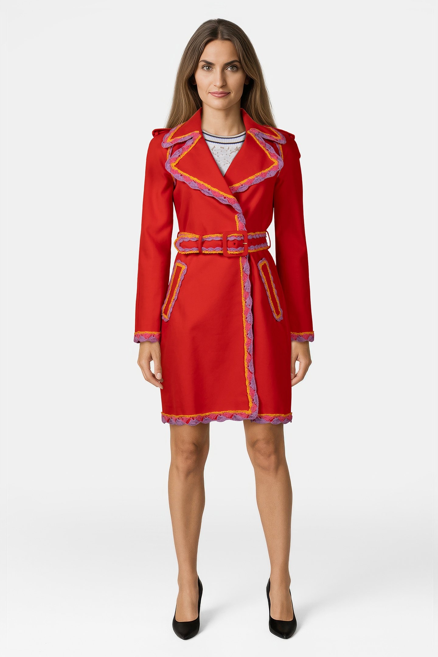 GABARDINE TRENCH COAT CROCHET DETAILS RED 1