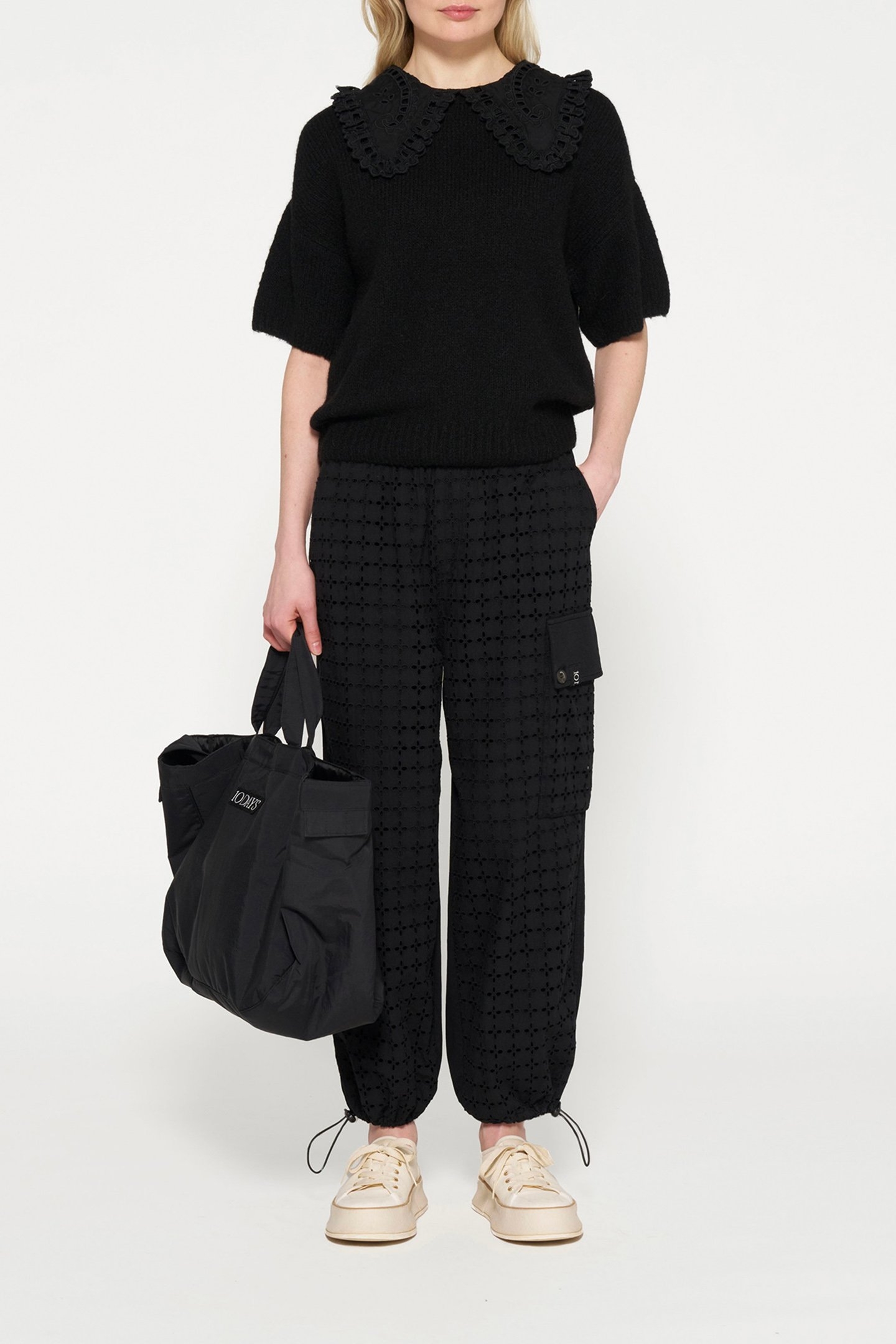 SHORT SLEEVE RUFFLE KNIT SWEATER BLACK 2