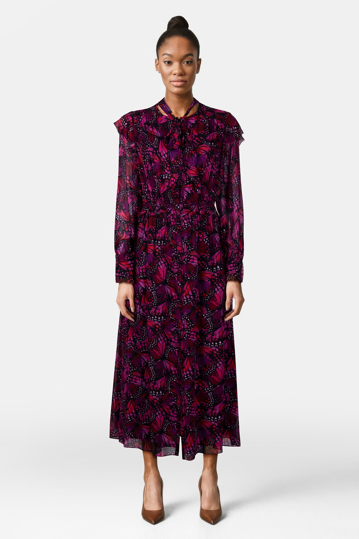 LONG BUTTONED DRESS WITH LAVALIERE COLLAR PINK 2