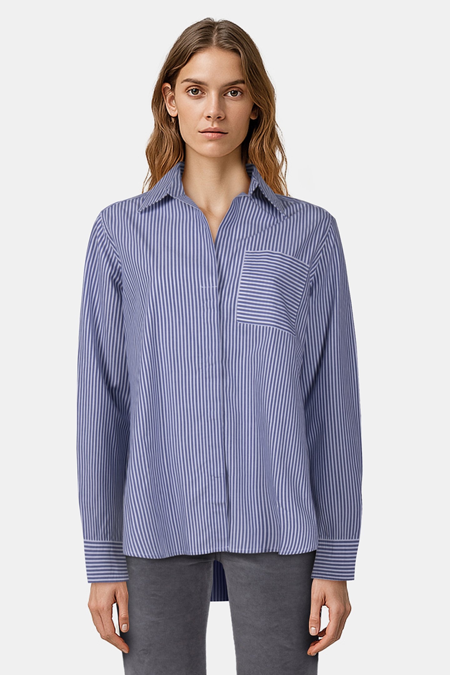 STRIPE POPOVER BUTTON THROUGH BLUE/WHT TICKING STP 1