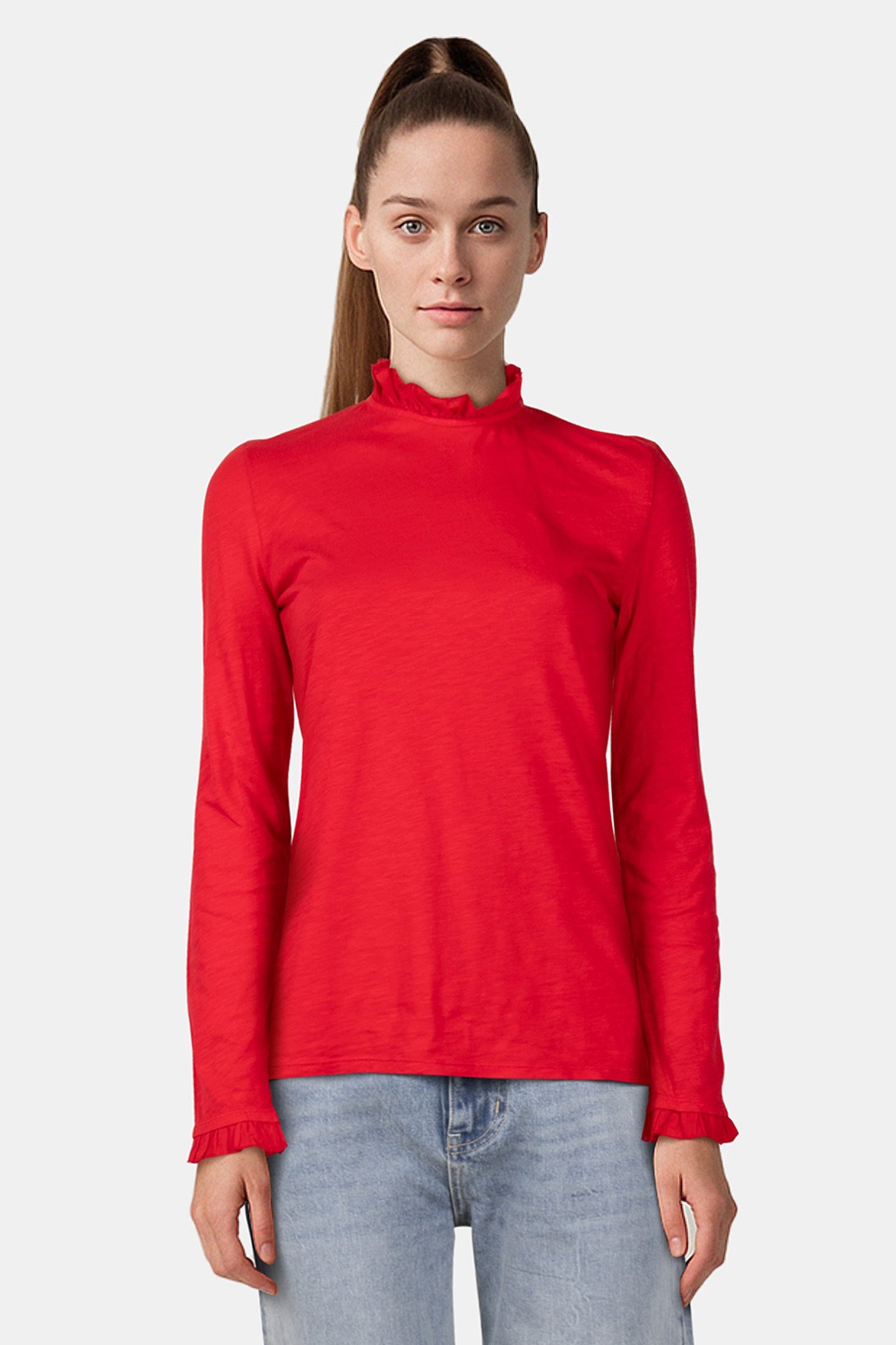 ORGANIC SLUB FRILL LONGSLEEVE POPPY RED 1