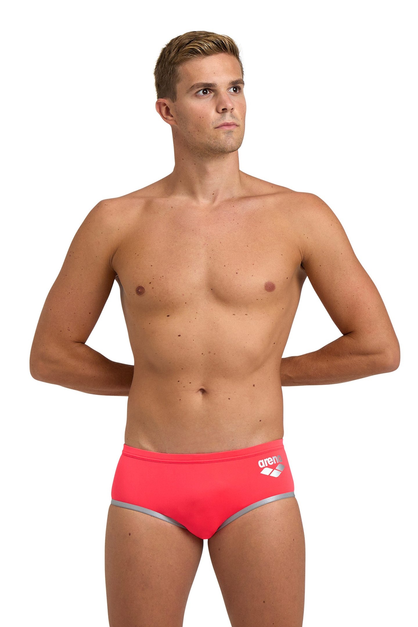 MEN'S ARENA ONE 12CM SWIM BRIEFS BIG LOG FLUO RED SILVER 1