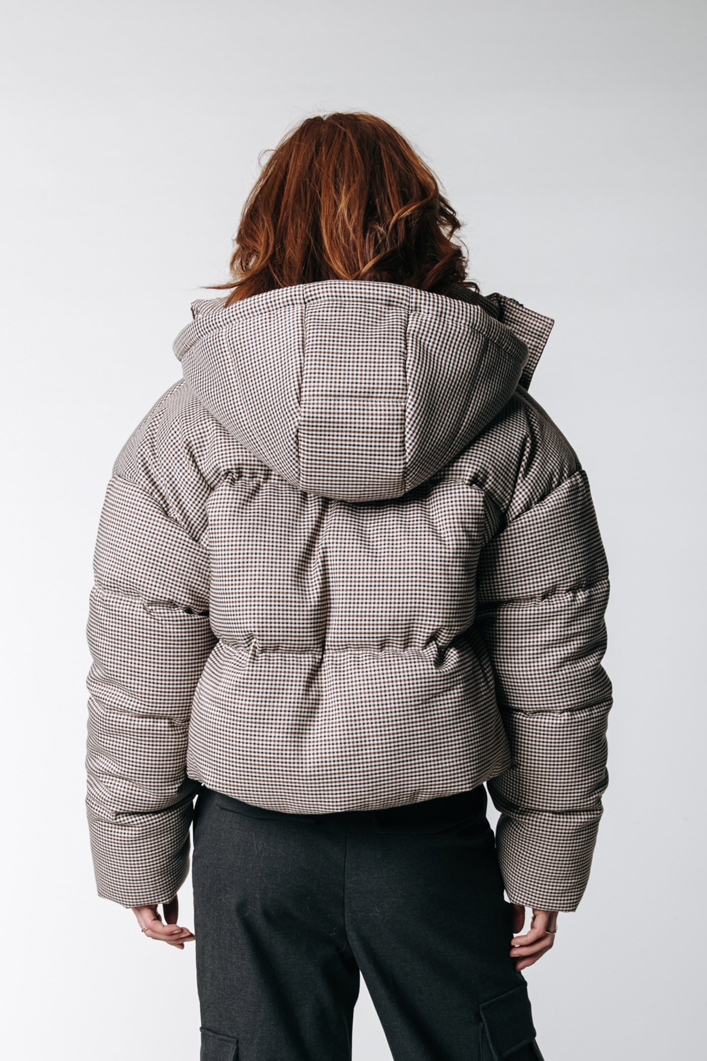 ZYA DOGTOOTH CROPPED PUFFER JACKET BROWN 2