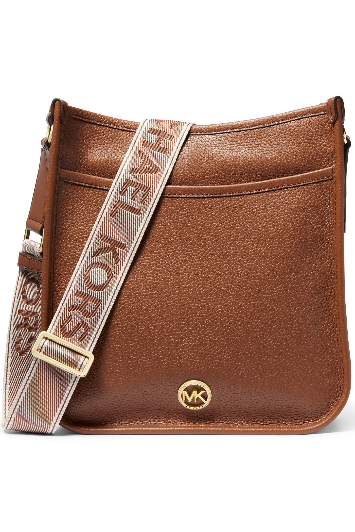 LEATHER MESSENGER BAG WITH LOGO STRAP IN BEIGE 1