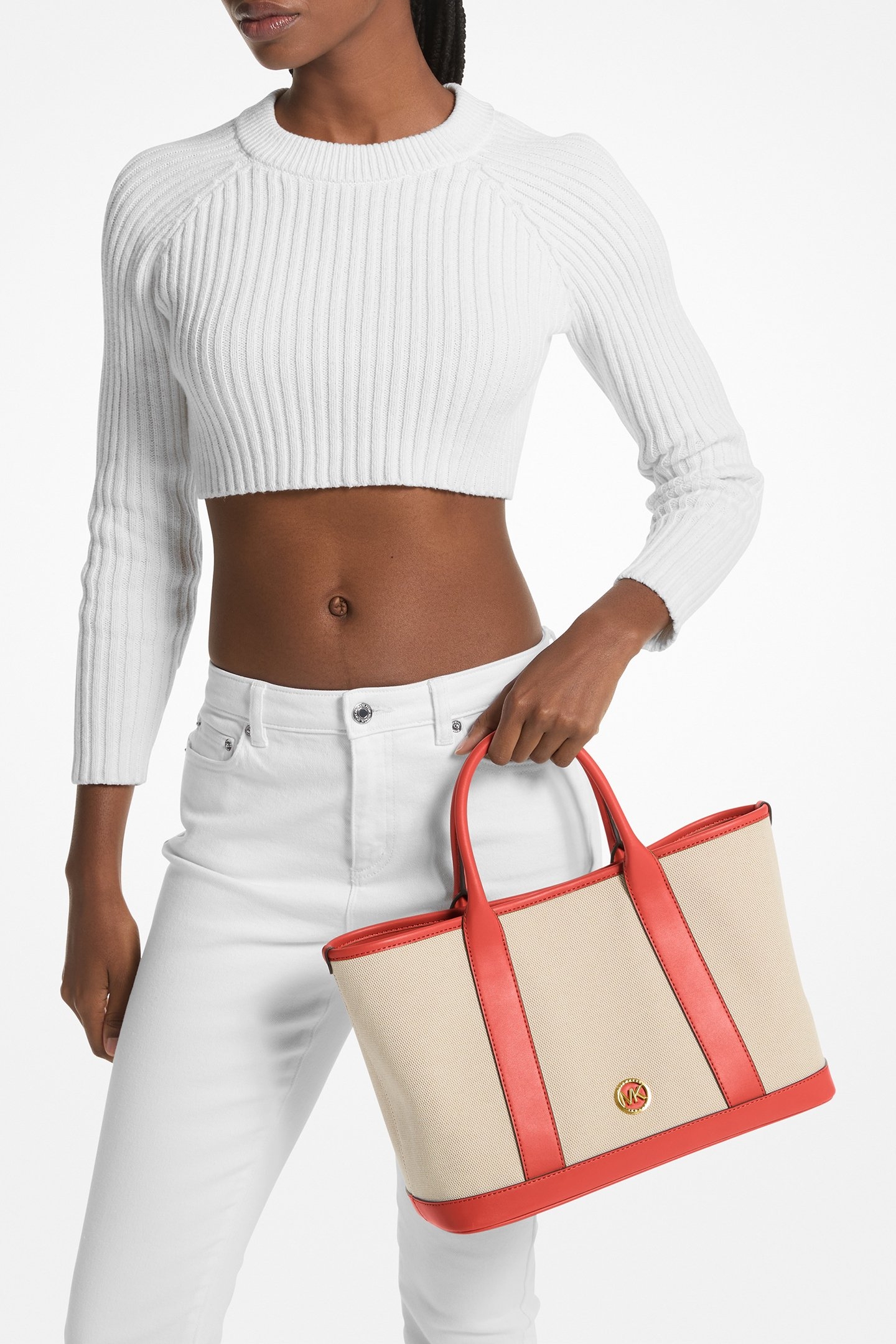 MEDIUM LEATHER SATCHEL BAG IN CREAM AND CORAL 2