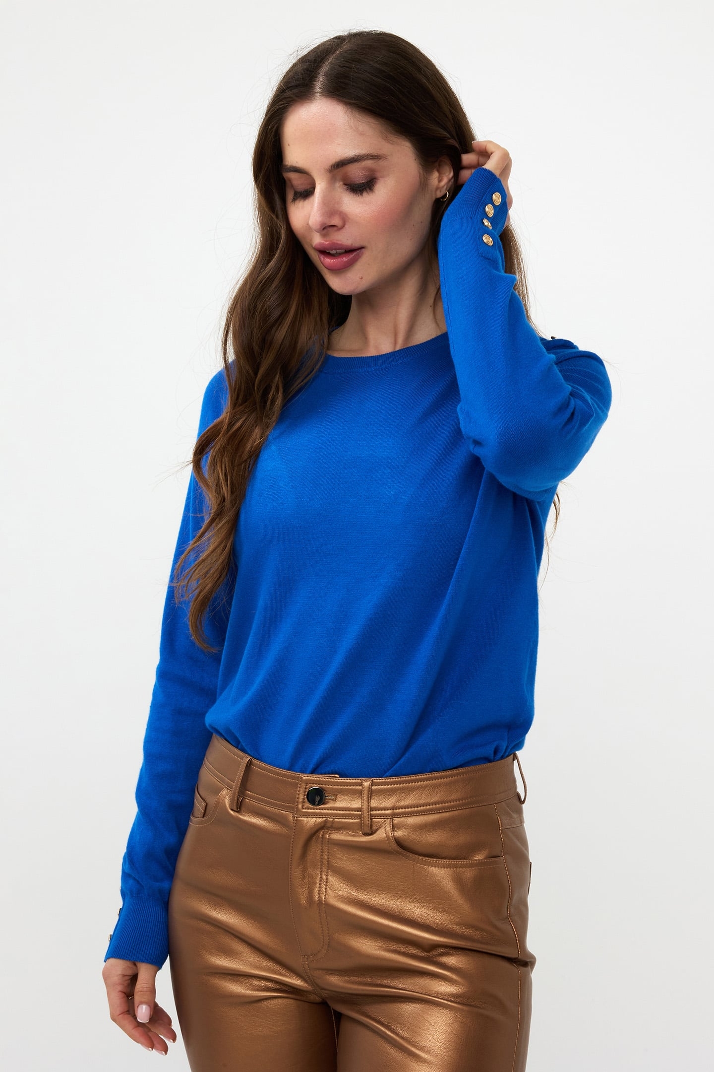 SWEATER GATHERING BUTTON DETAILS BASIC KNIT BRILLIANT BLUE 1