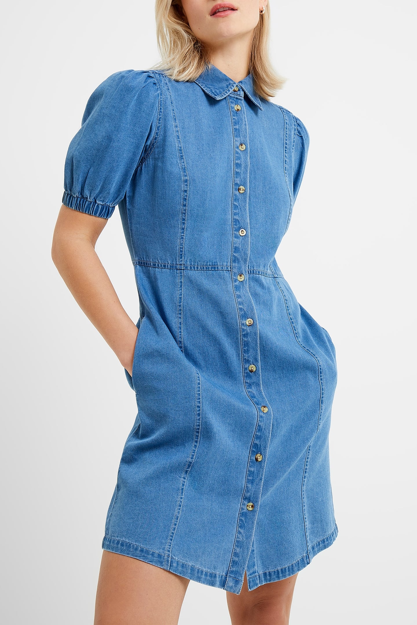 CHAMBRAY PUFF SLEEVE DRESS LIGHT INDIGO 4