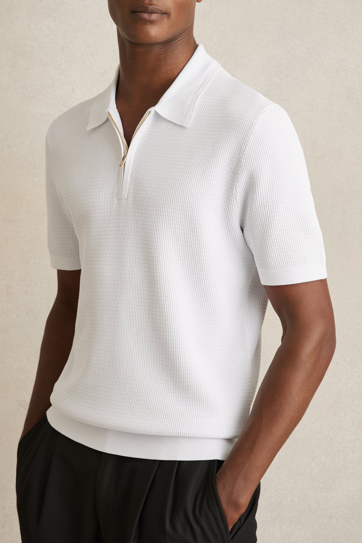 SS HALF ZIP TEXTURED POLO WHITE 1