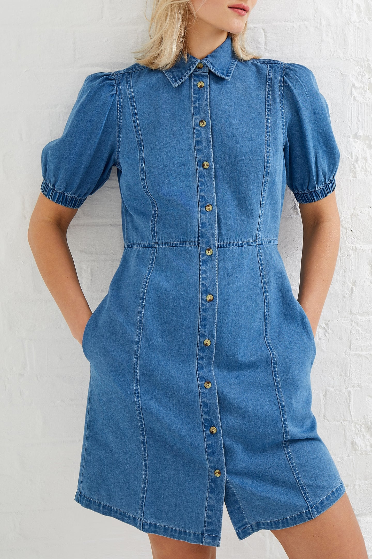 CHAMBRAY PUFF SLEEVE DRESS LIGHT INDIGO 1