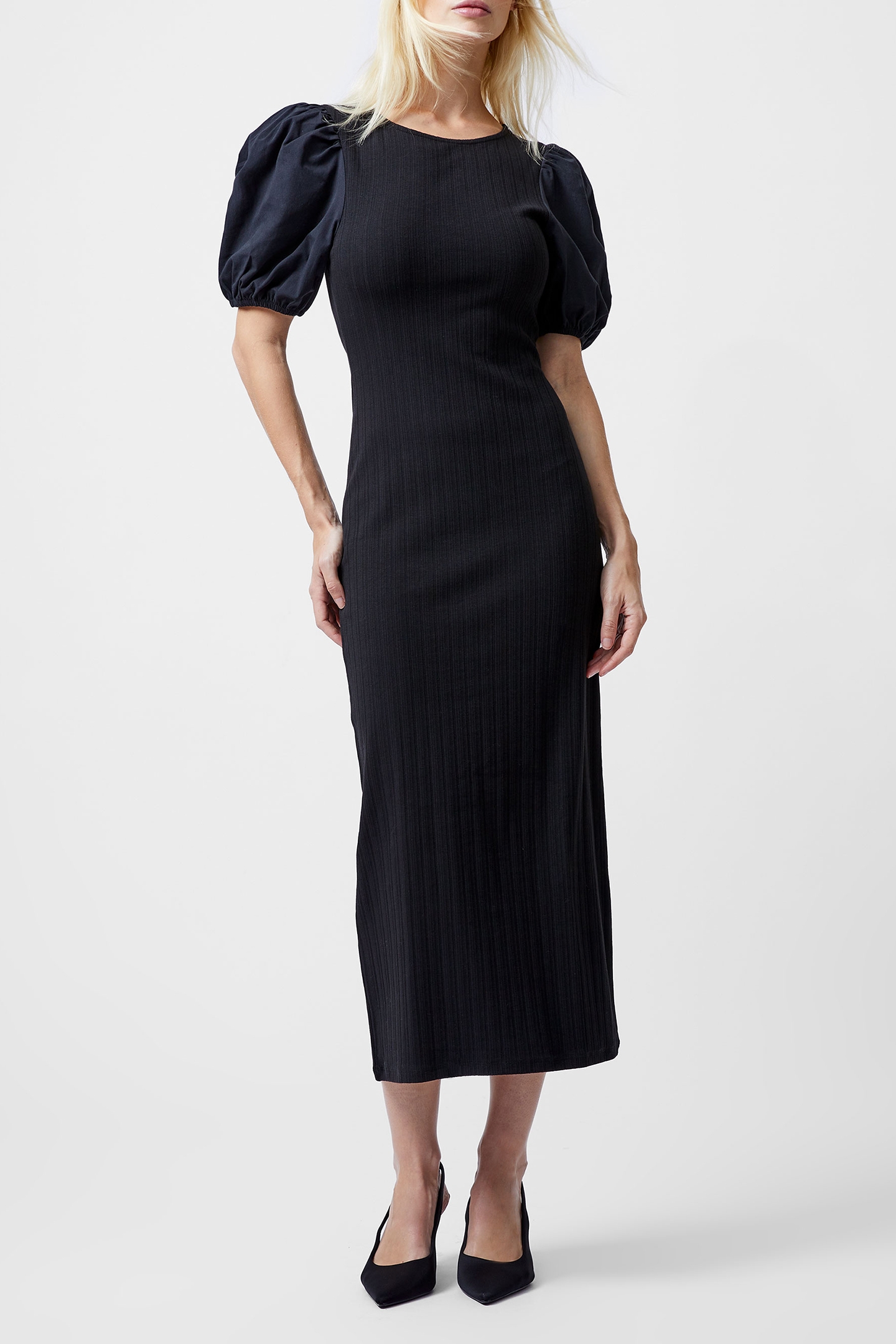 SASIA RIB PUFF SLV MIDI DRESSS BLACK 1