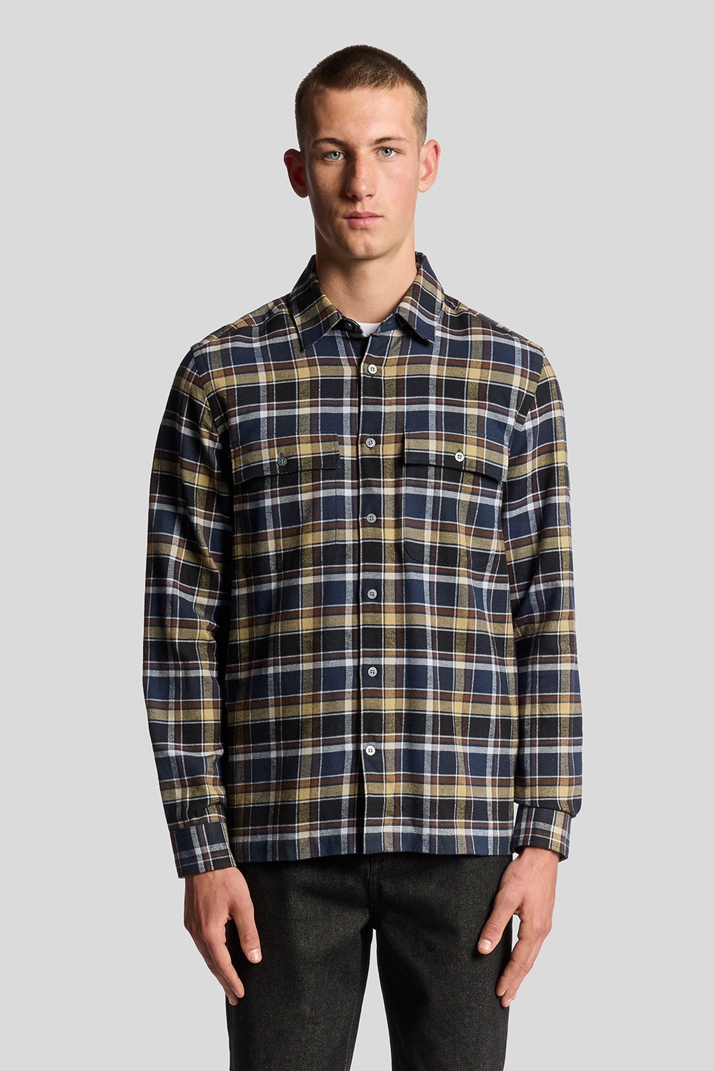 BRUSHED COTTON CHECK SHIRT BLUE NIGHT/GREEN TAN 1