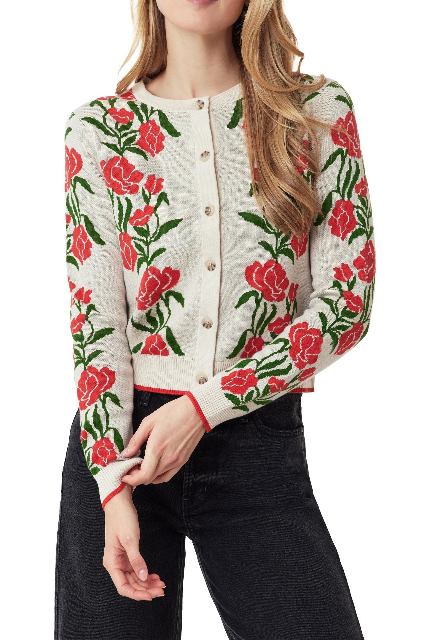 CREW NECK CARDIGAN WHITECAP GRAY/POINSETTIA/GARDEN GREEN 2