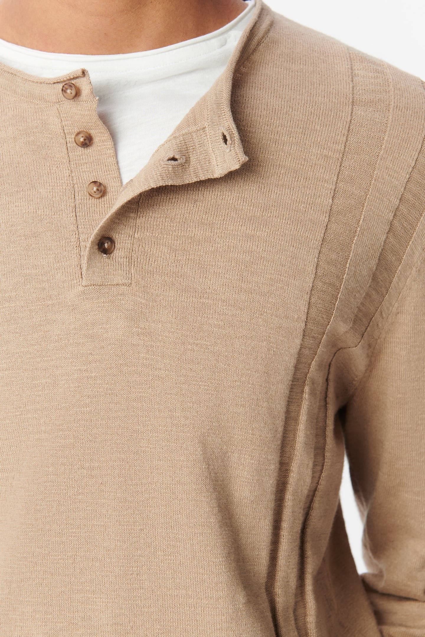 BEIGE ORGANIC COTTON FINE KNIT BUTTON-NECK SWEATER 3