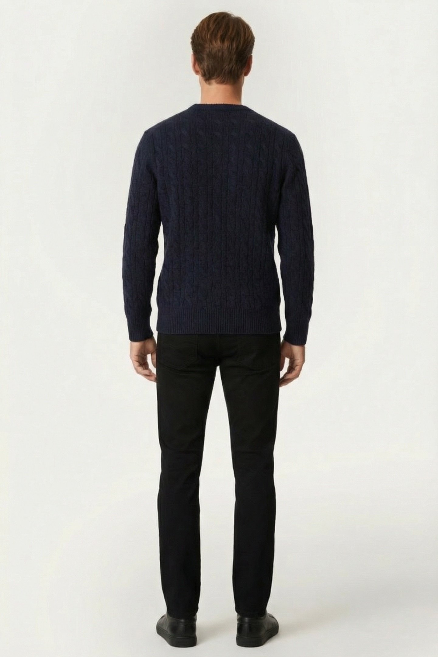 CABLE KNIT WOOL CREW NECK SWEATER NAVY BLUE 2