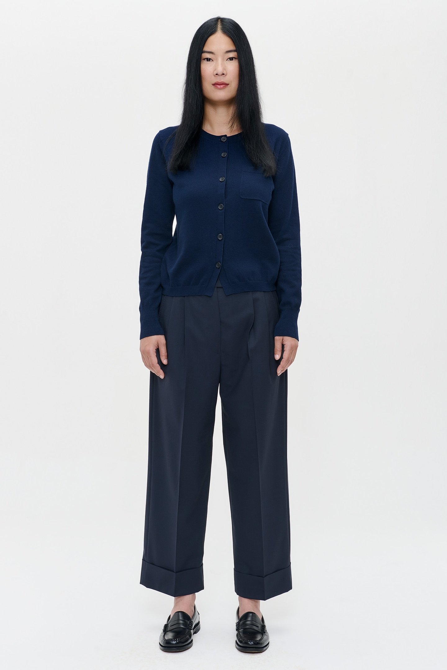 CASHMERE CARDIGAN GREY/MIDNIGHT STRIPE 1