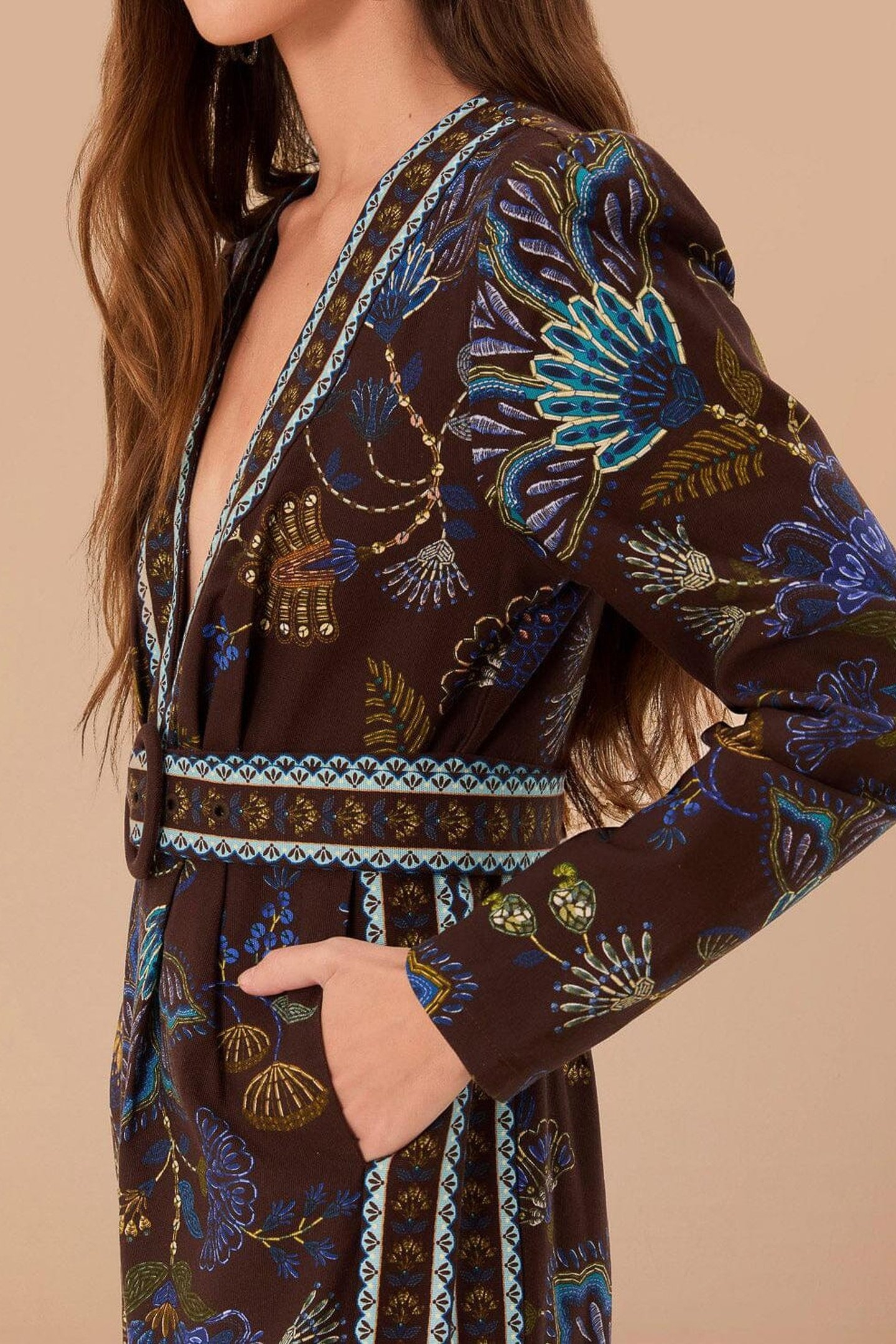 EMBROIDERED GARDEN BROWN V NECK JUMPSUIT 4