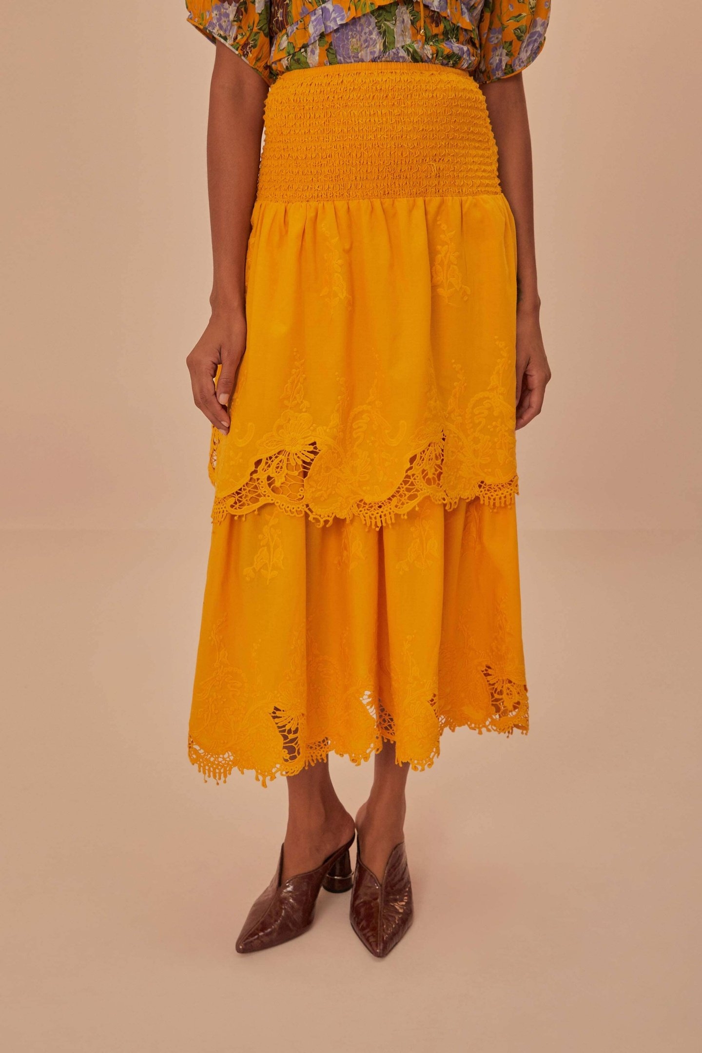 MUSTARD YELLOW TIERED LACE MIDI SKIRT 2