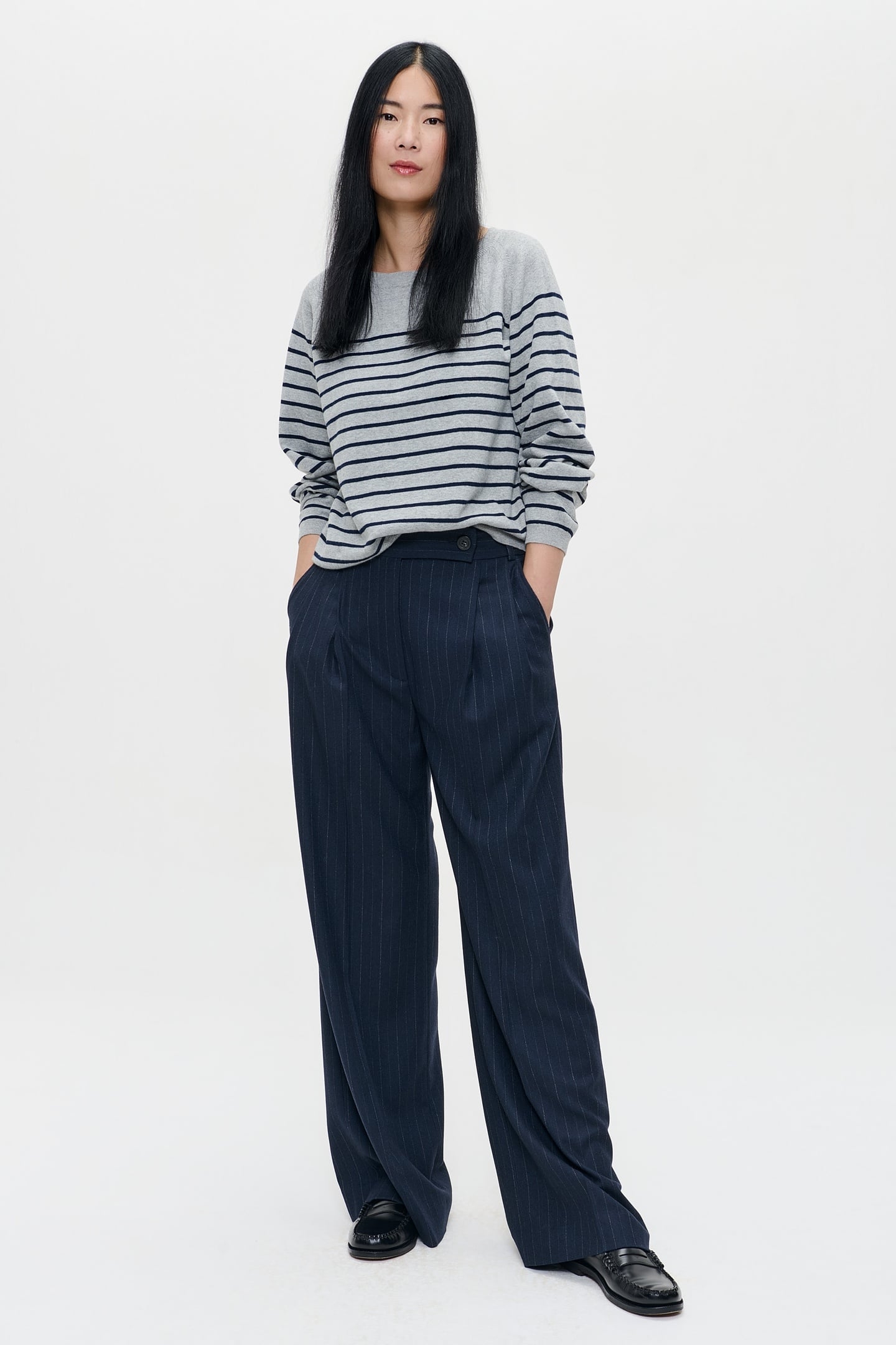 CASHMERE BOATNECK TOP GREY/MIDNIGHT STRIPE 1