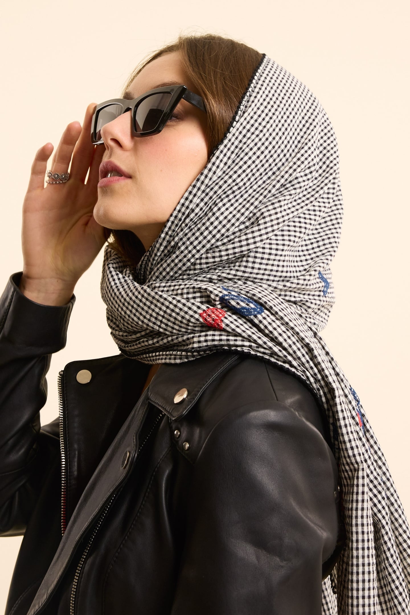 SCARF ECRU GINGHAM PATTERN COLOR EMBROIDERY ECRU 7