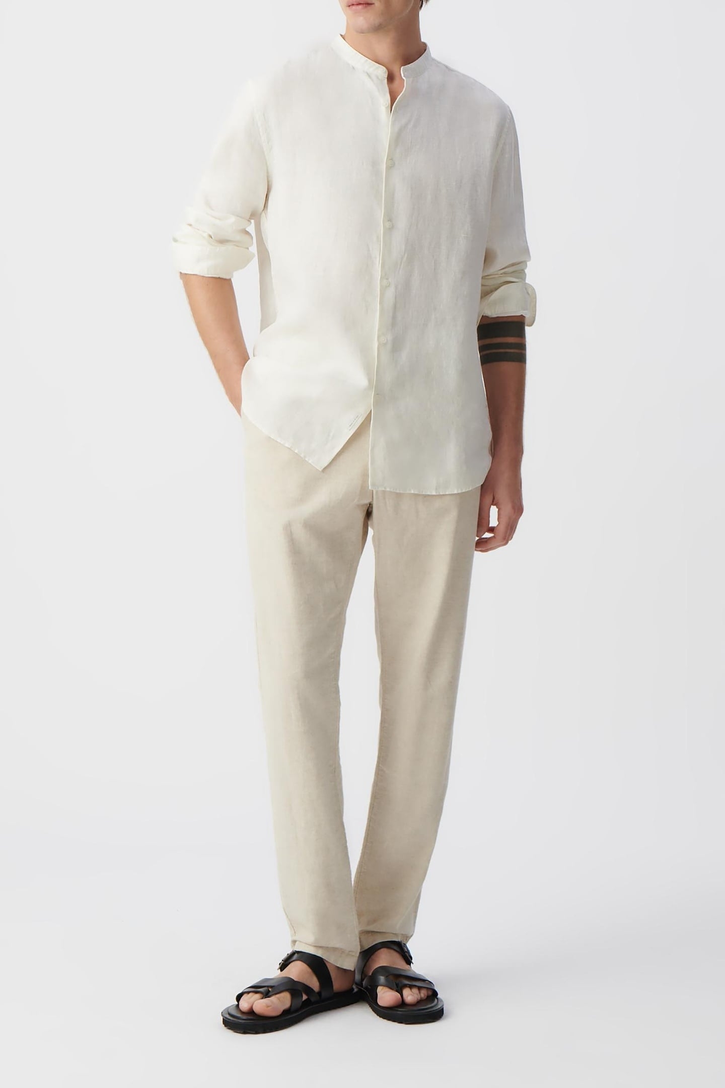 CHALK LINEN REGULAR SHIRT WITH MANDARIN COLLAR 1