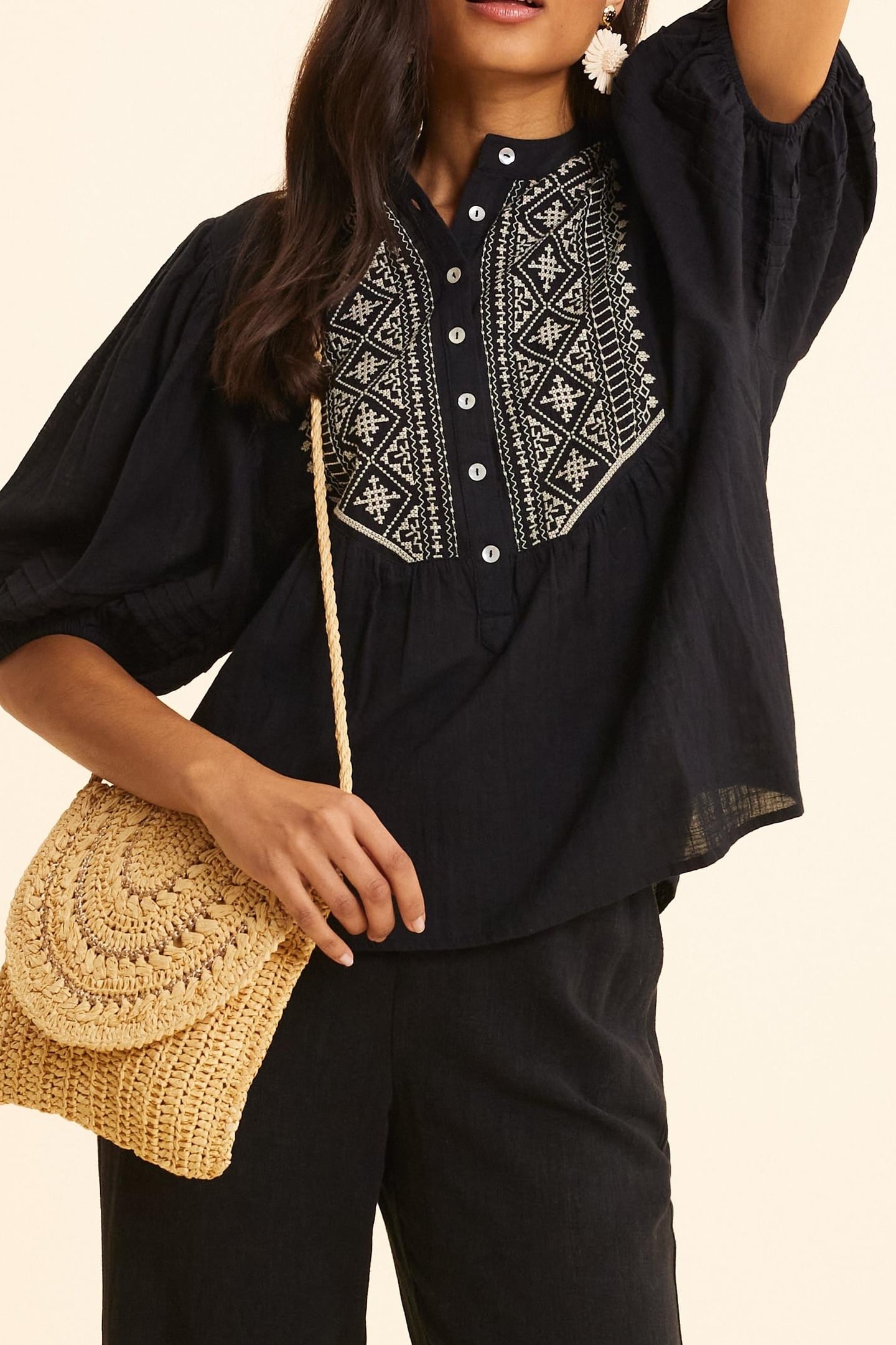 BLACK EMBROIDERED BIB BLOUSE BLACK 1